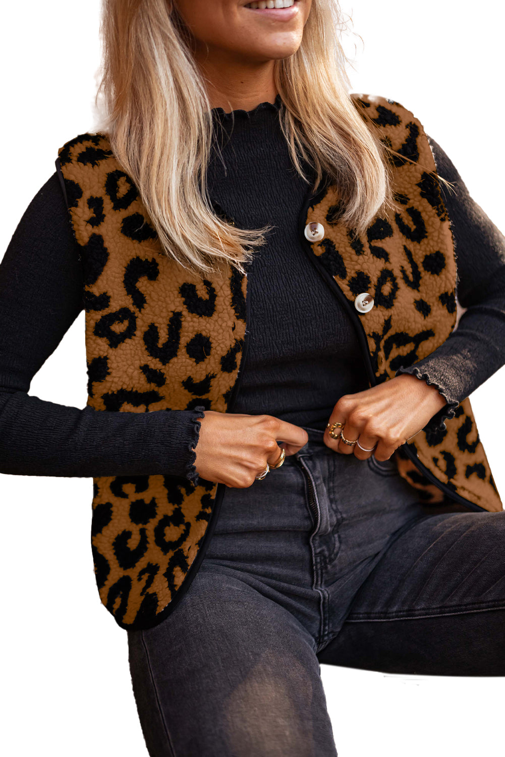 Chestnut Leopard Print Sherpa Vest Coat 🇺🇸