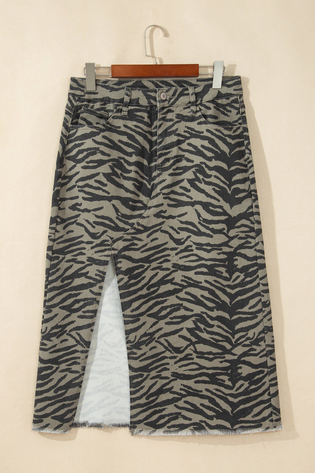 Brown Leopard Print Side Split Frayed Hem Denim Midi Skirt 🇺🇸