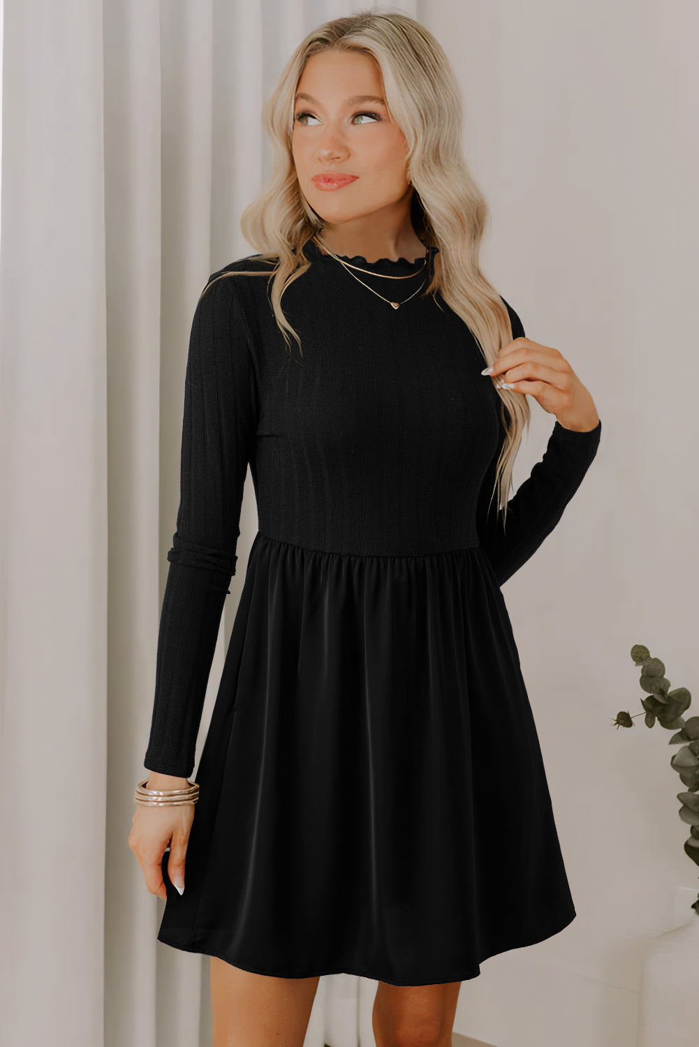 Black Frilled Neck Ribbed Knit Patchwork Long Sleeve Mini Dress 🇺🇸