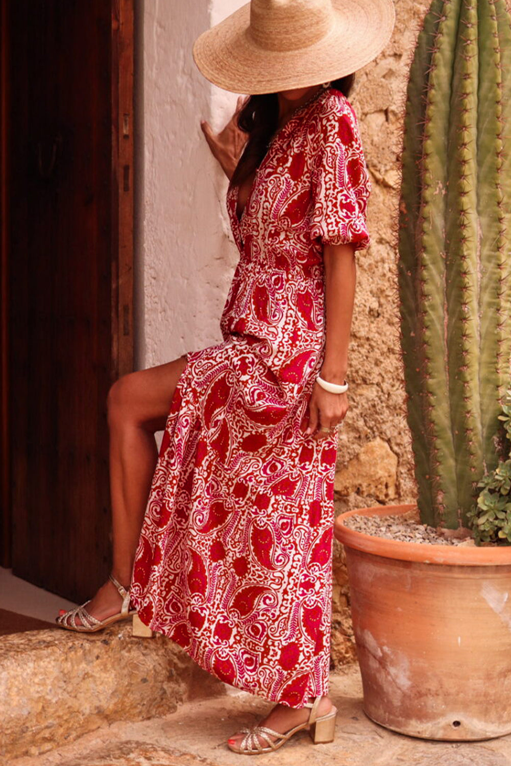 Red Paisley Print Side Slit Puff Sleeve High Waist Maxi Dress 🇺🇸