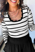 Black white Scalloped Trim U Neck Striped Ribbed Slim Sweater 🇺🇸