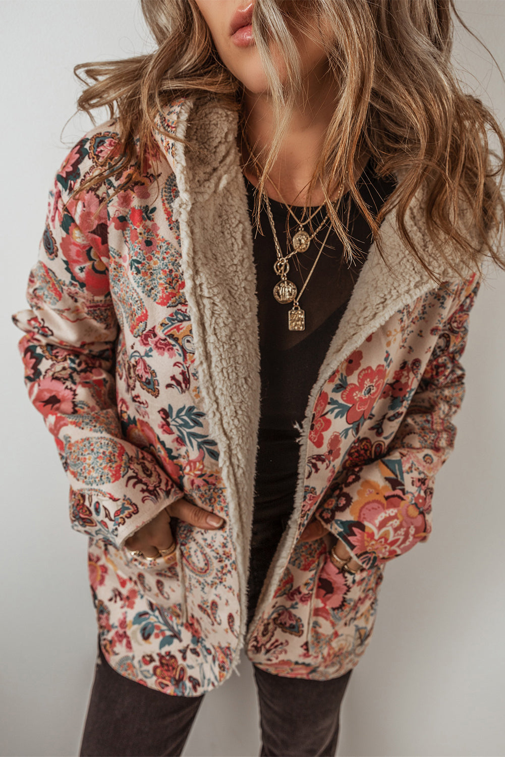 Beige Vintage Paisley Floral Printed Sherpa Lined Hooded Jacket 🇺🇲