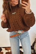 Coffee Solid Color Cable Knit High Neck Loose Pullover Sweater 🇺🇸