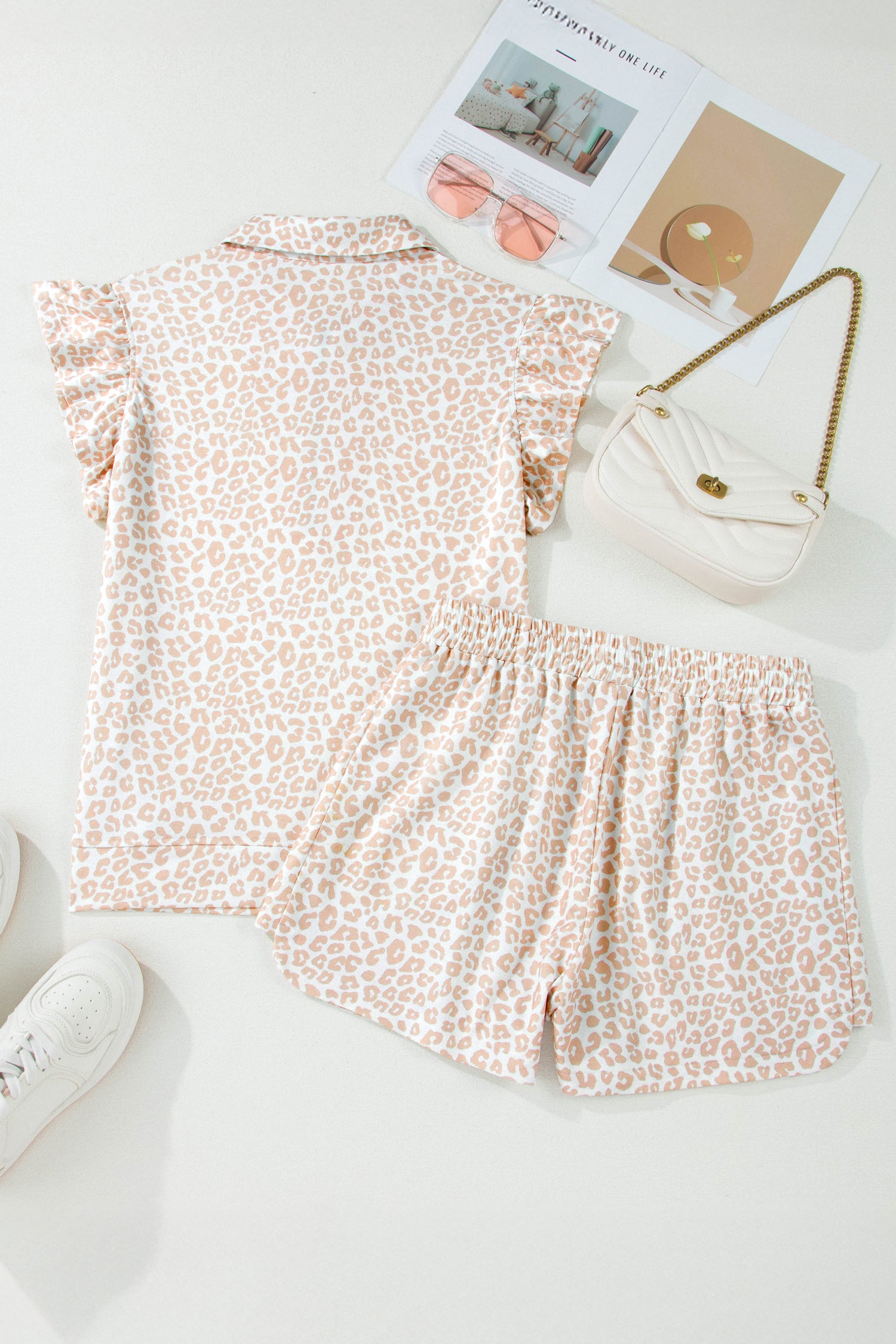 Beige Leopard Zip Polo Top 2pcs Short Set 🇺🇸