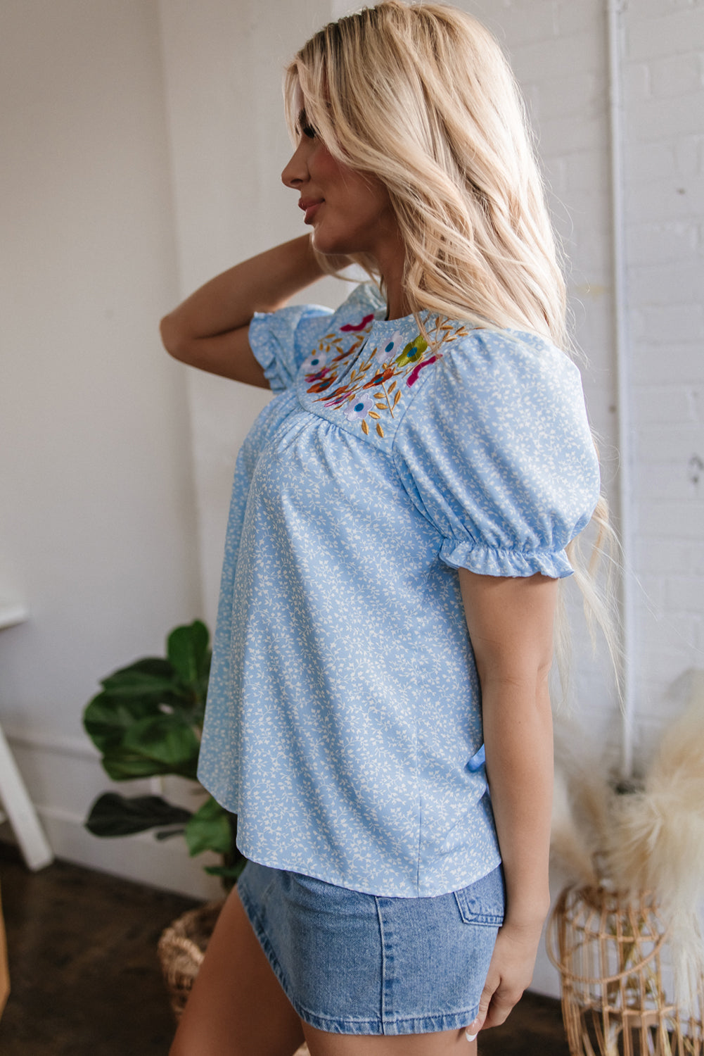 Sky Blue Floral Embroidered Puff Sleeve Notched V Neck Blouse 🇺🇸