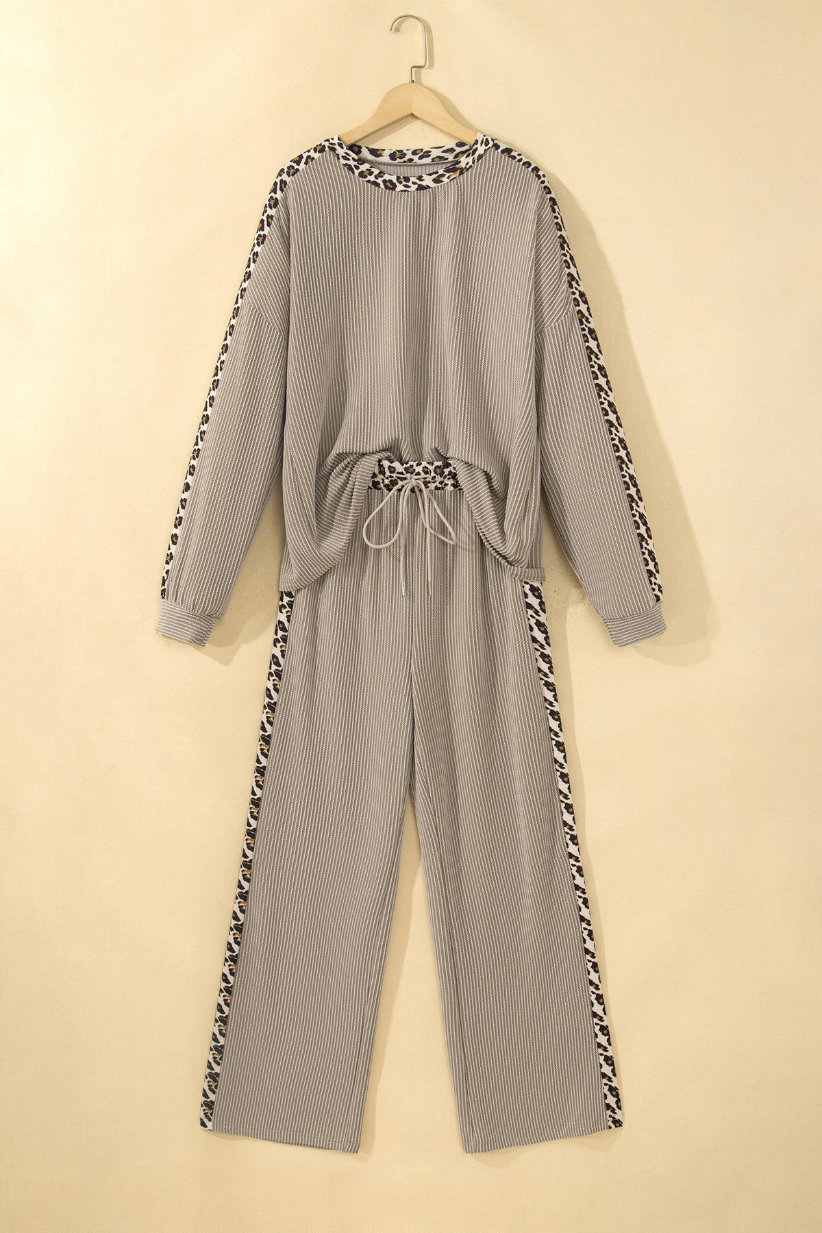 Simply Taupe Cozy Ribbed Patchwork Leopard Trim Long Sleeve 2pcs Pant Set 🇺🇸