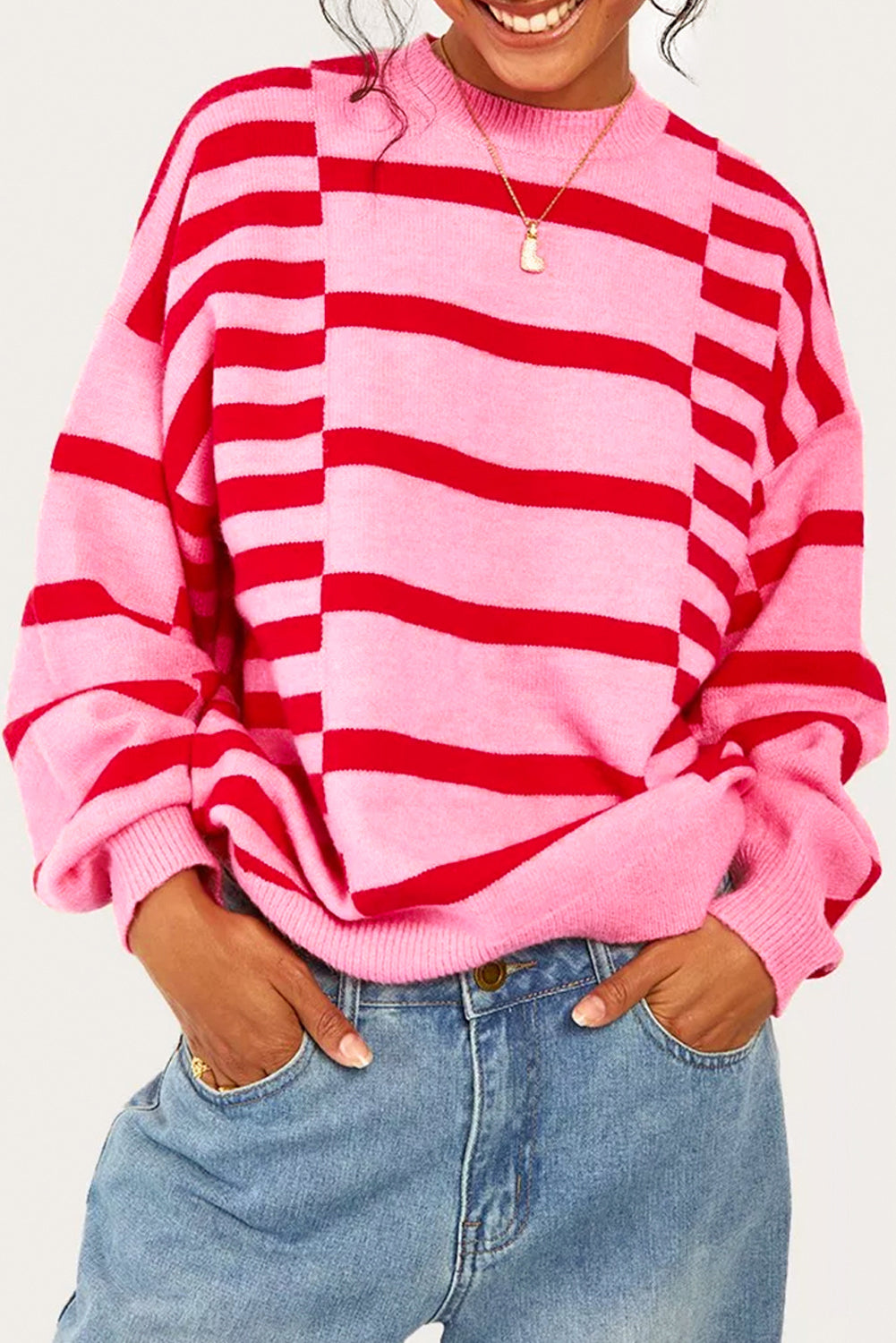 Pink Stripe Bubble Sleeve Drop Shoulder Ribbed Trim Sweater 🇺🇸
