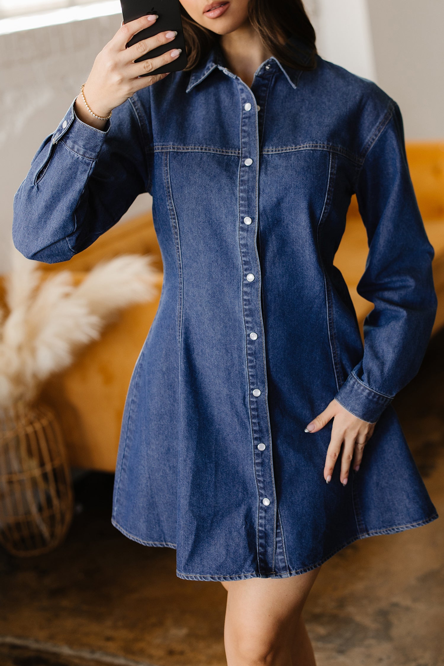 Ashleigh Blue Denim Shirt Collar Long Sleeve Flared Mini Dress 🇺🇸