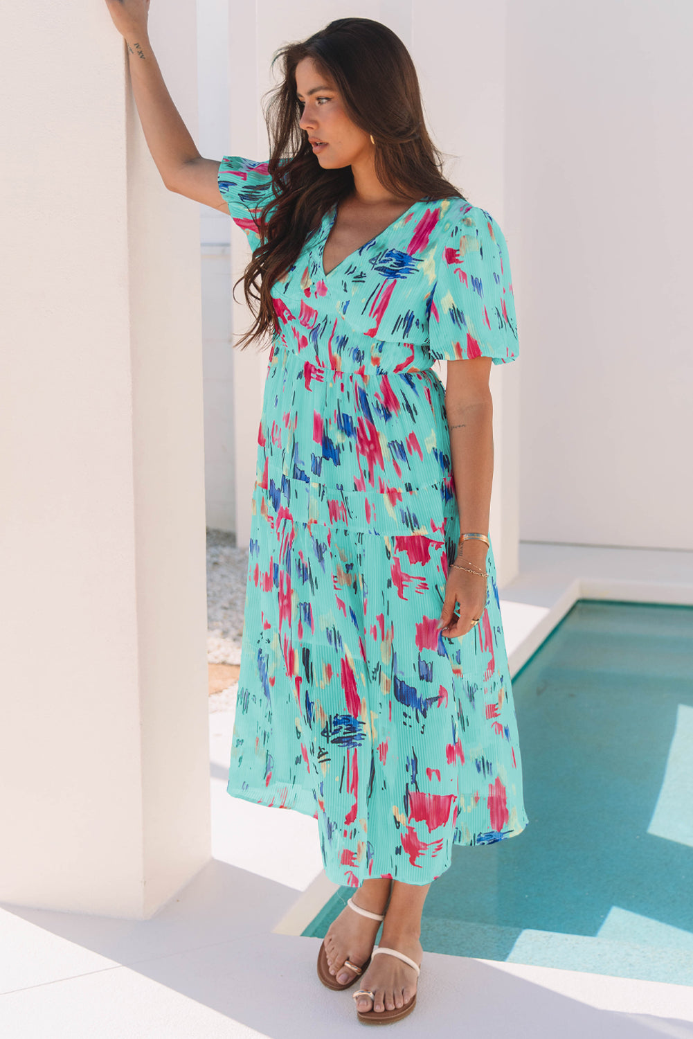 Sky Blue Abstract Print Short Puff Sleeve Tiered Maxi Dress 🇨🇳