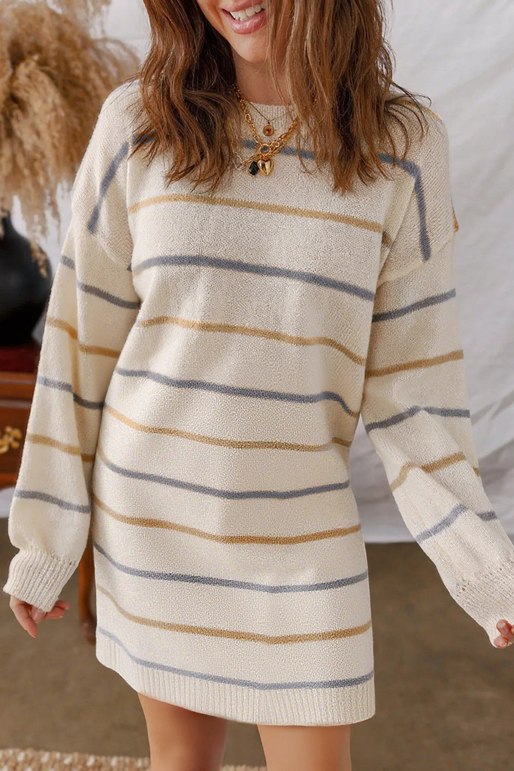 Multicolour Striped Print Drop Shoulder Shift Sweater Mini Dress 🇺🇸