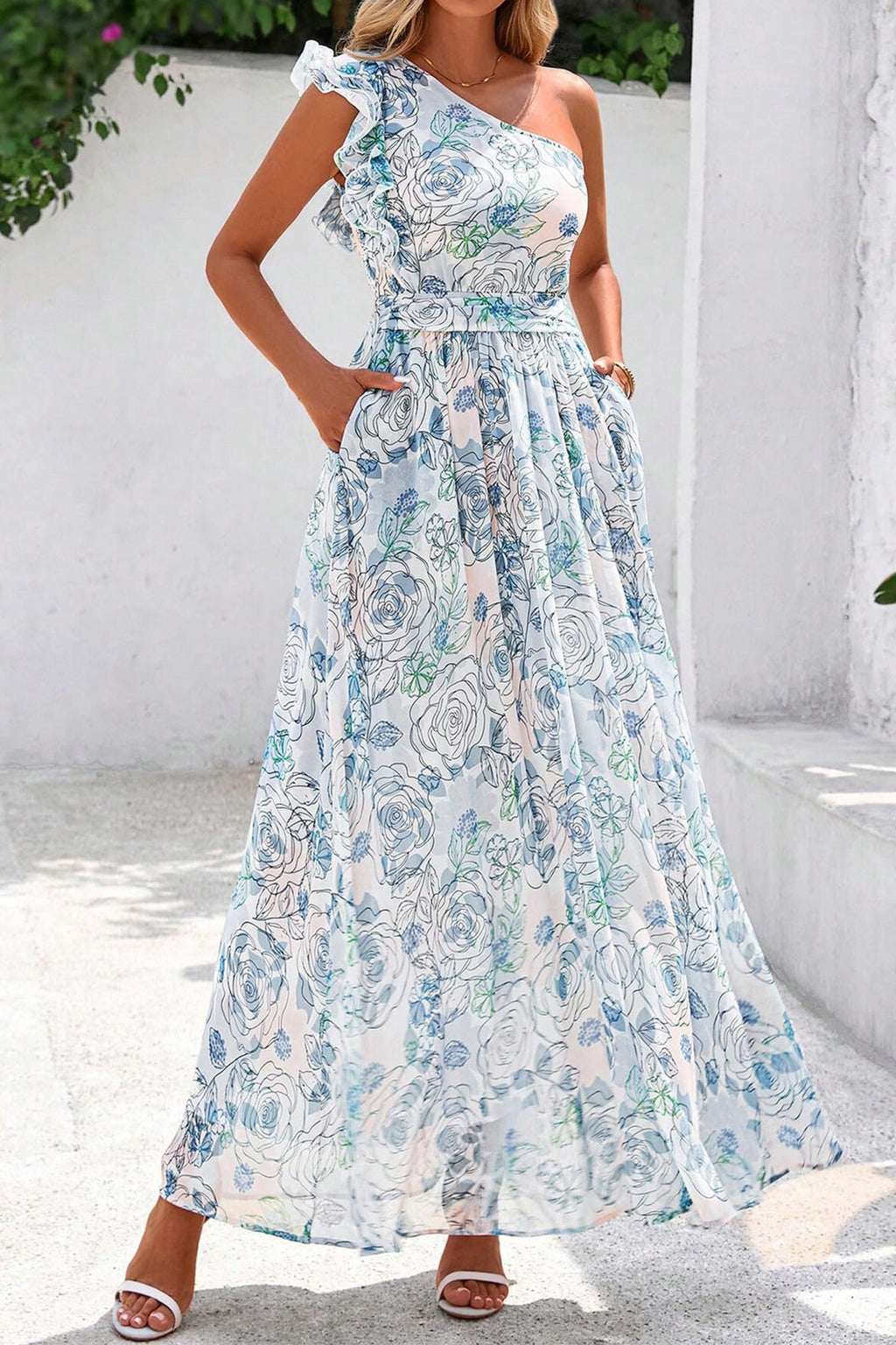 Sky Blue Floral Print Ruffled One Shoulder Vacation Maxi Dress 🇺🇸