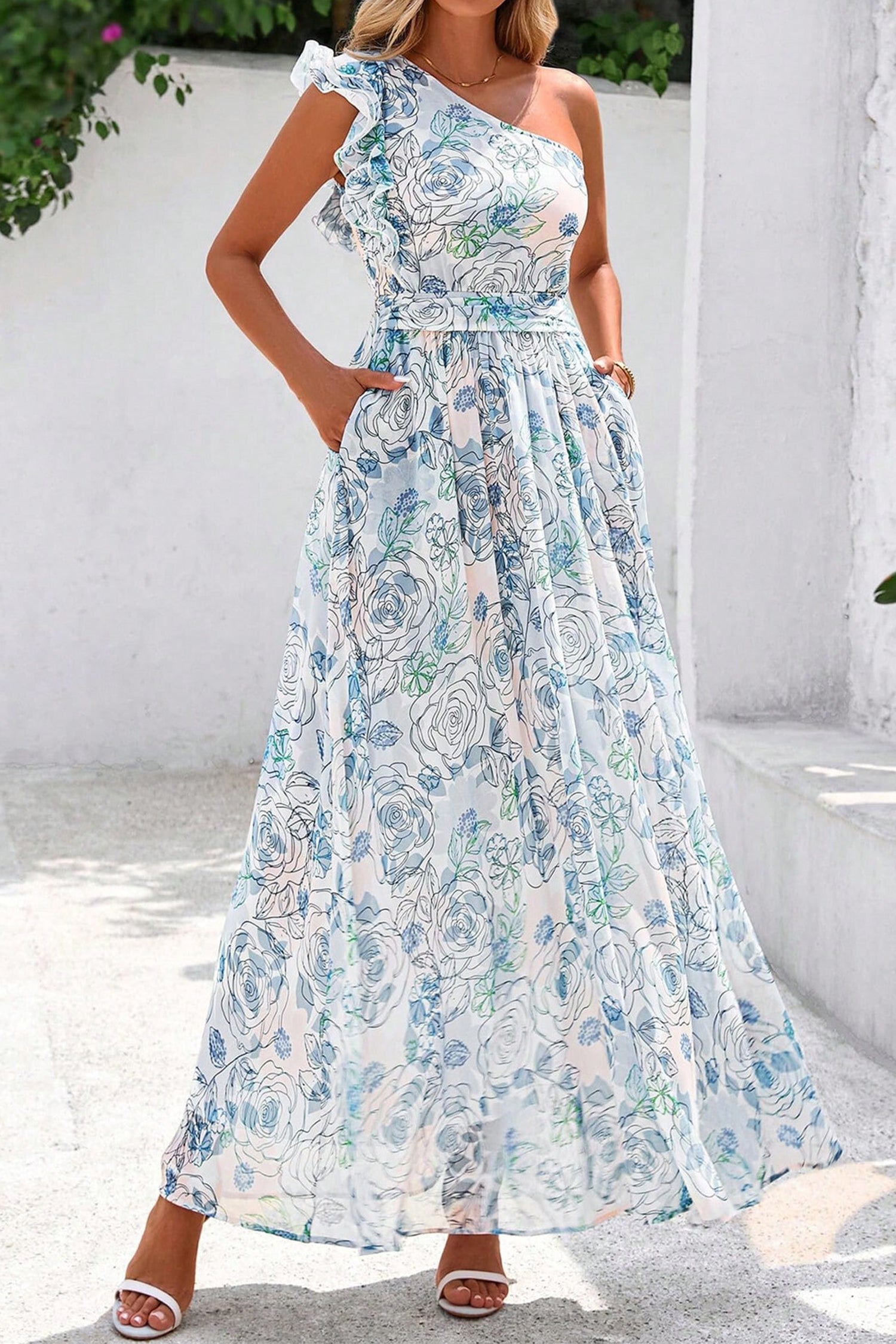Sky Blue Floral Print Ruffled One Shoulder Vacation Maxi Dress 🇺🇸