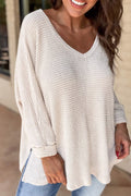 White Waffle Knit Side Slits Loose Fit V Neck Top 🇺🇲