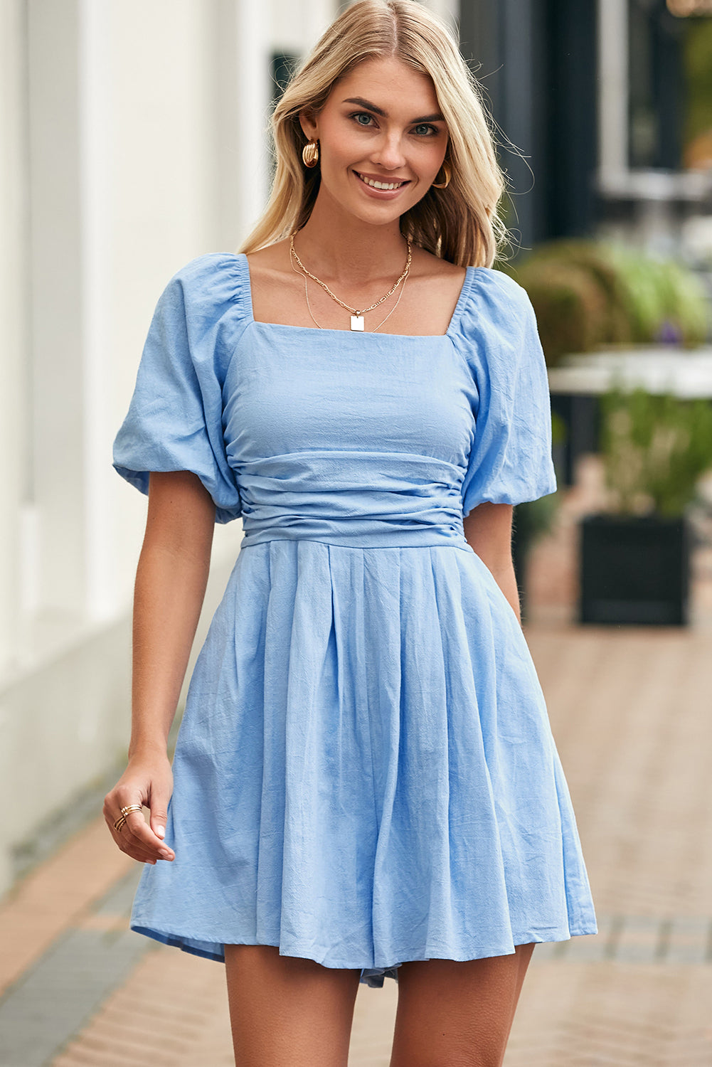 Sky Blue Brown Square Neck Ruched Puff Sleeve Romper 🇺🇸