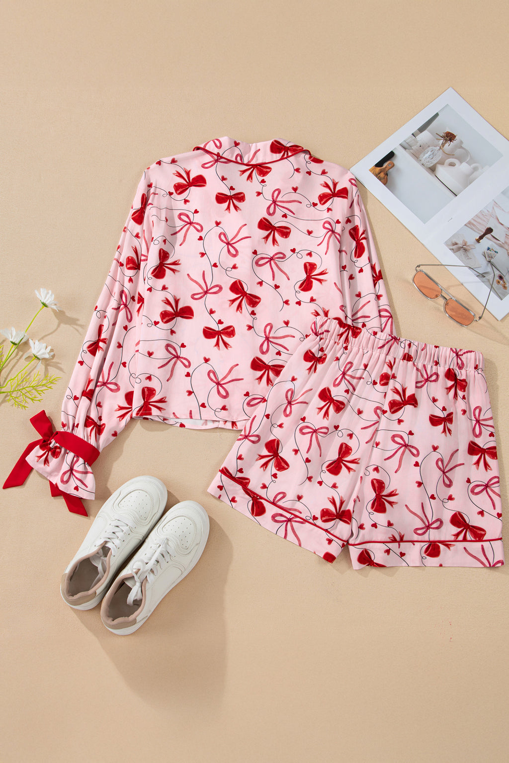 Red Bow Print Long Sleeve Shirt Shorts 2 Pcs Pajama Set 🇺🇸