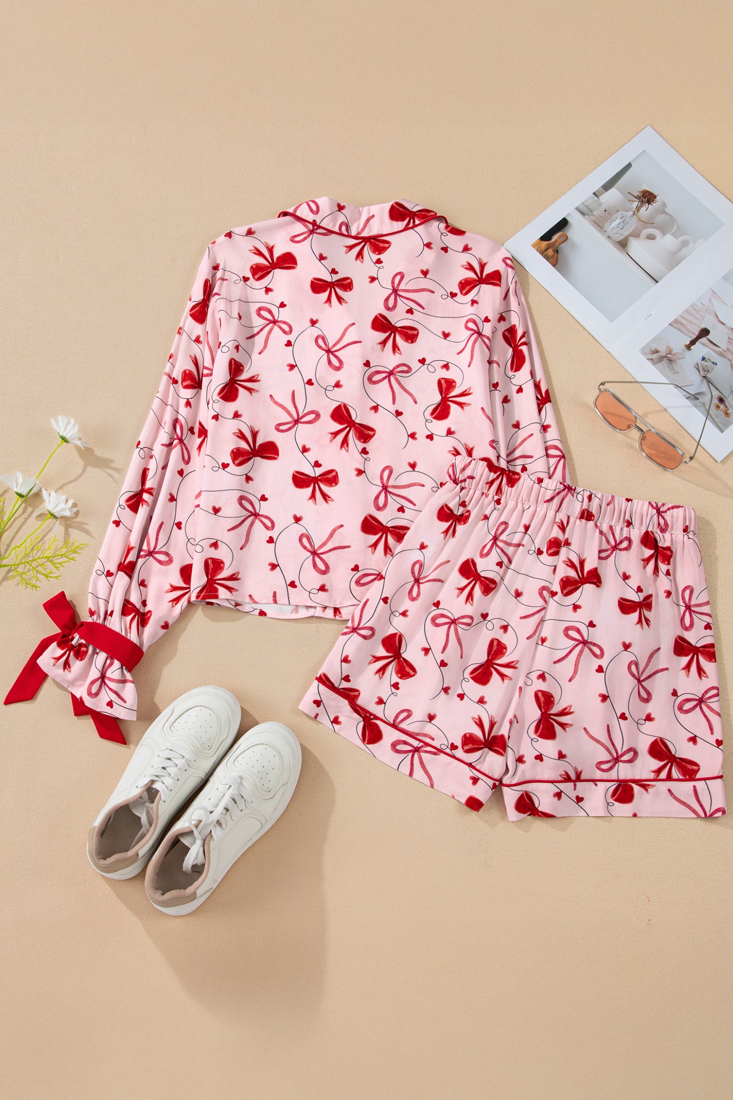 Red Bow Print Long Sleeve Shirt Shorts 2 Pcs Pajama Set 🇺🇸