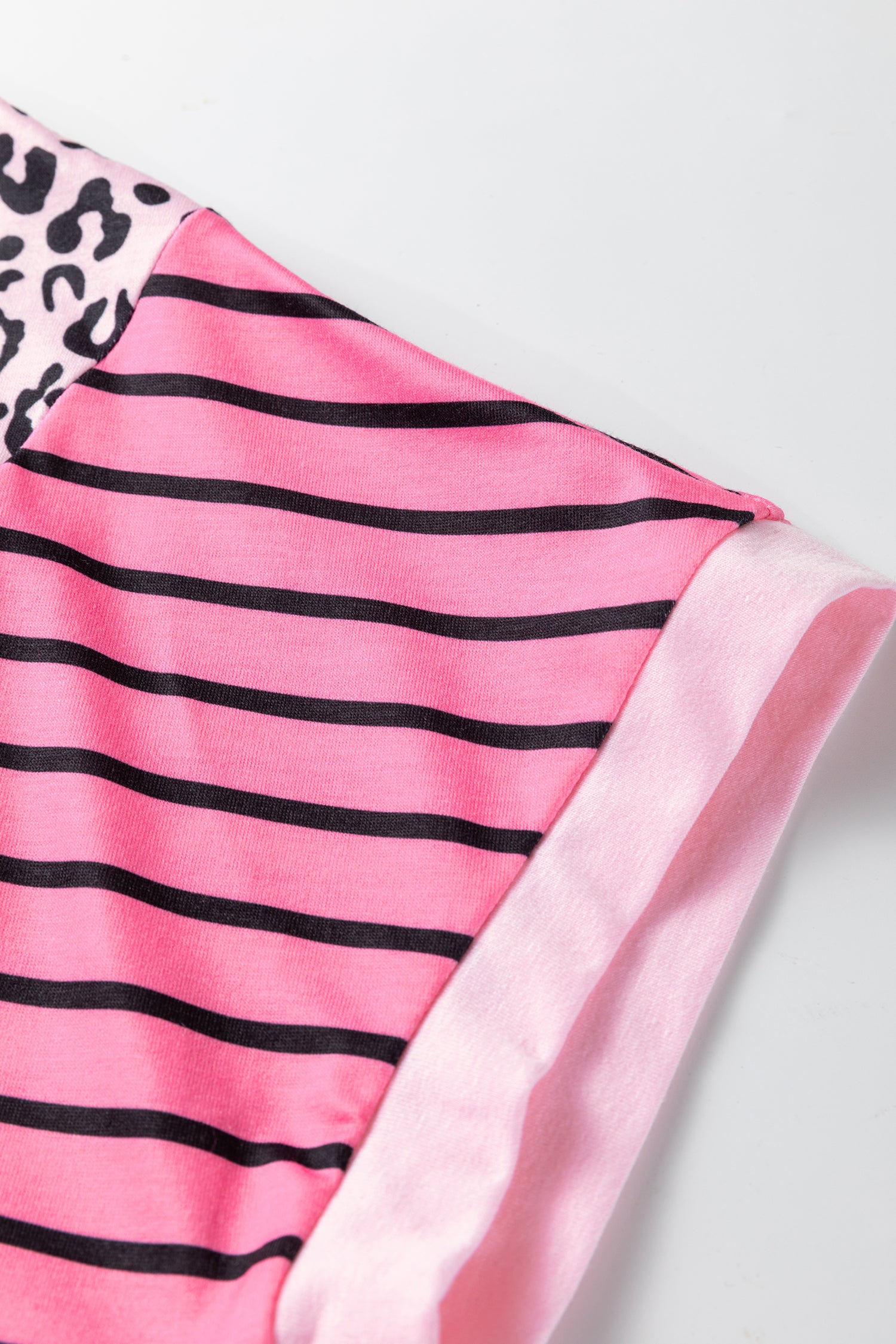 Pink Leopard Striped Patchwork Side Slit Loose Short Sleeve Top 🇺🇸