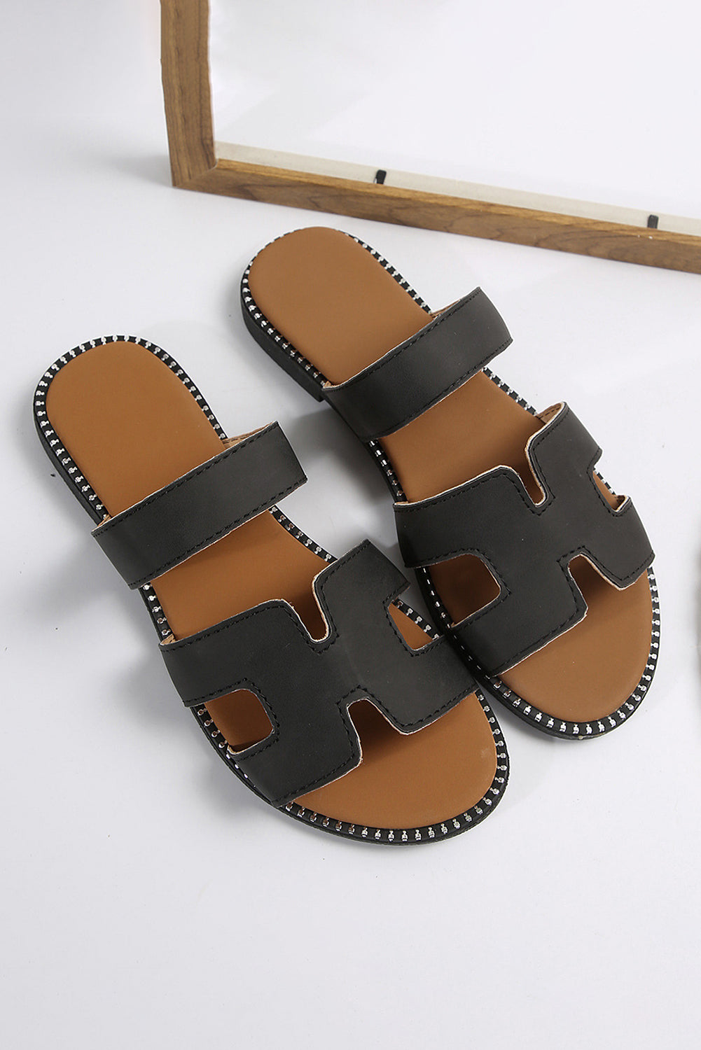 Black Cut Out H Shape Band PU Leather Slippers 🇨🇳