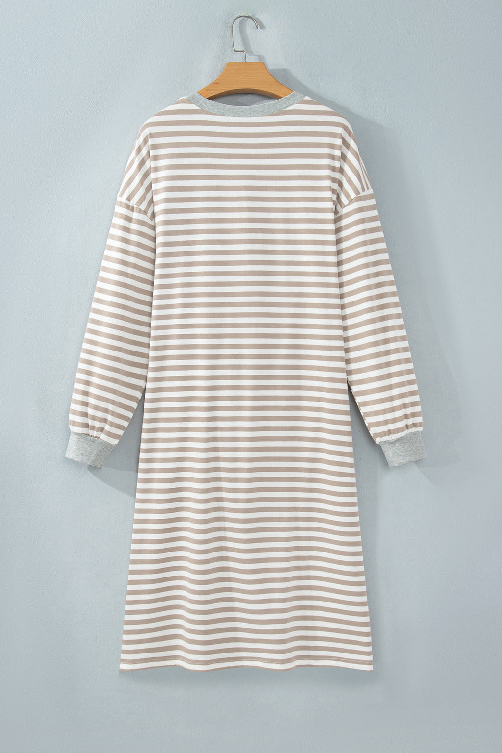 Khaki Stripe Striped Colorblock Cuffs Round Neck Long Sleeve Shift Dress 🇺🇸
