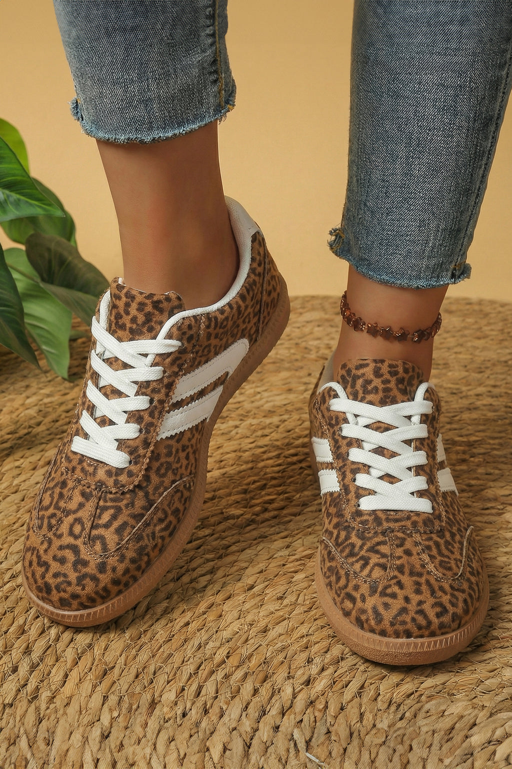 Coffee PU Leather Detail Shimmer Leopard Printed Lace-up Sneakers 🇺🇸