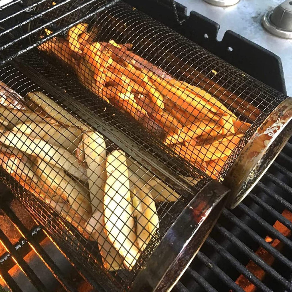 Rolling Grilling Basket Metal BBQ Barbecue Basket Net Portable Outdoor Camping Barbecue Rack Kitchen Gadgets 🇨🇳