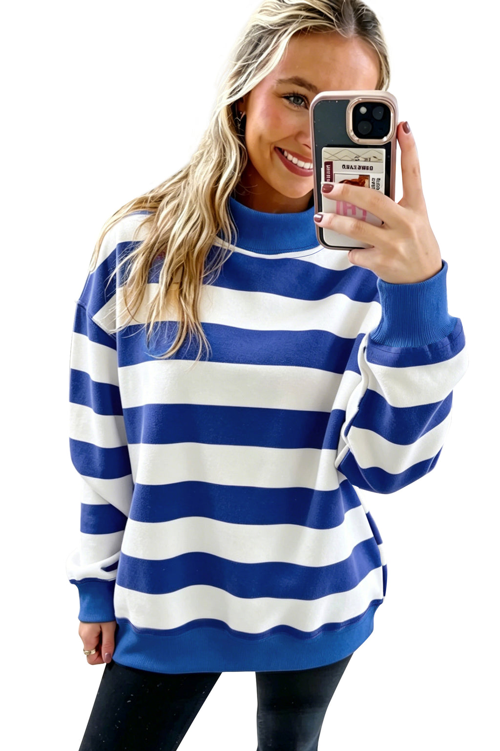 Blue Stripe Colorblock Mock Neck Relaxed Sweatshirt 🇺🇸