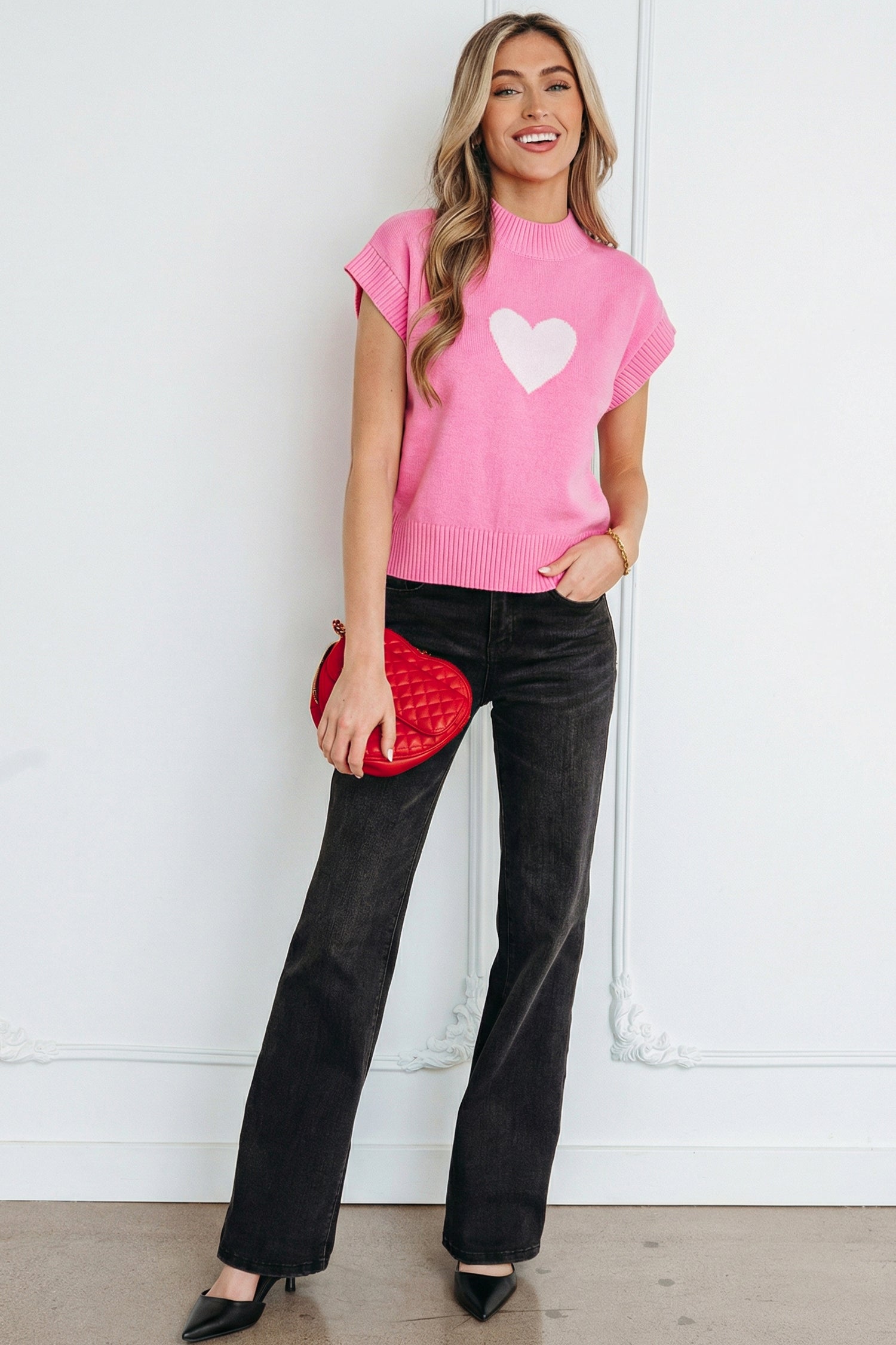 Pink Heart Graphic Cropped Short Sleeve Sweater 🇺🇸