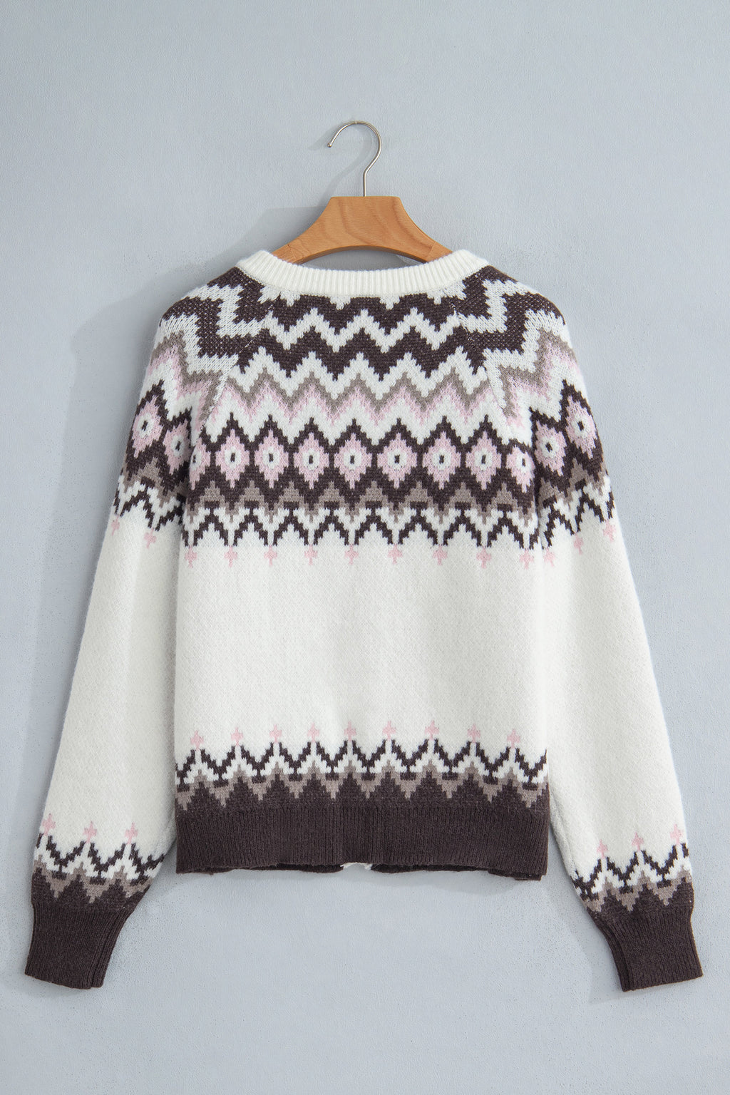 White Geometric Pattern Brushed Knit Button Cardigan 🇺🇸
