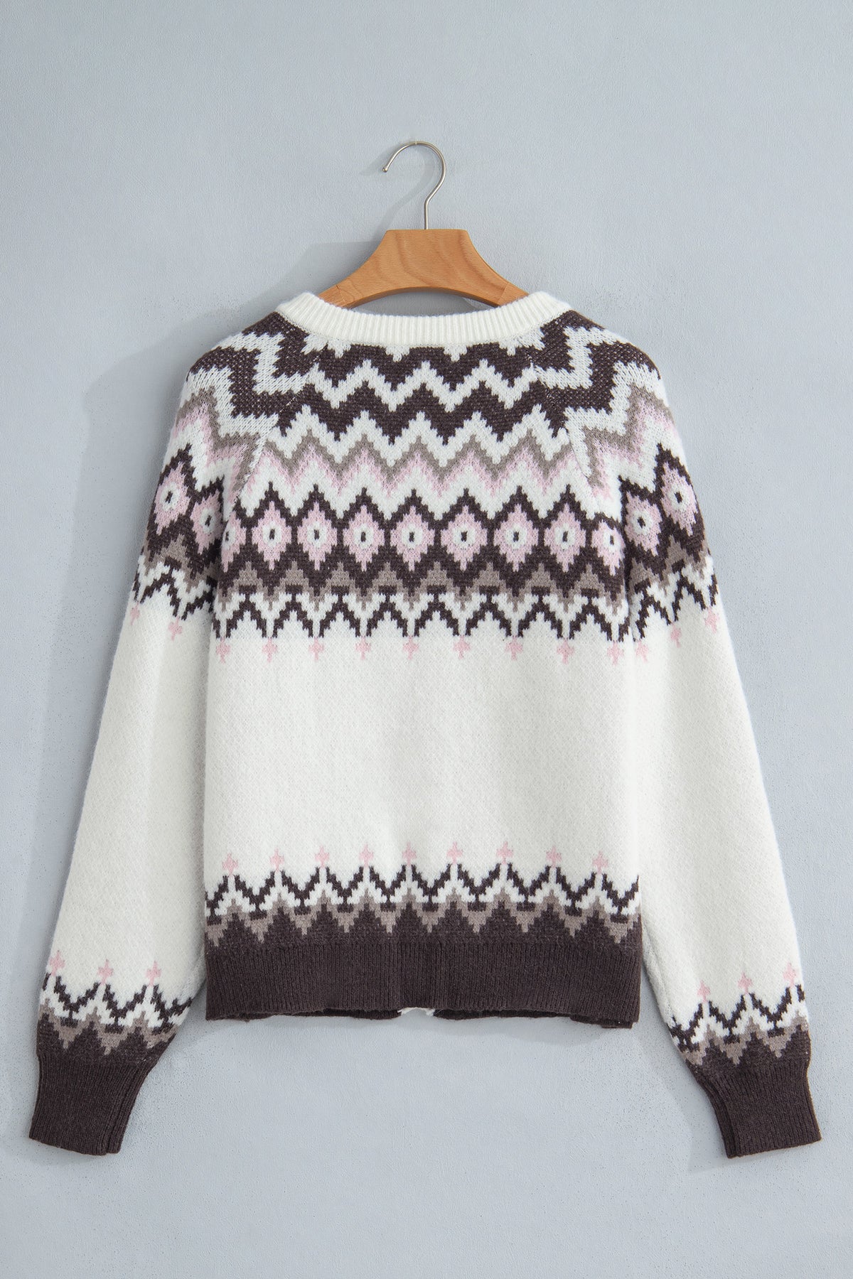 White Geometric Pattern Brushed Knit Button Cardigan 🇺🇸