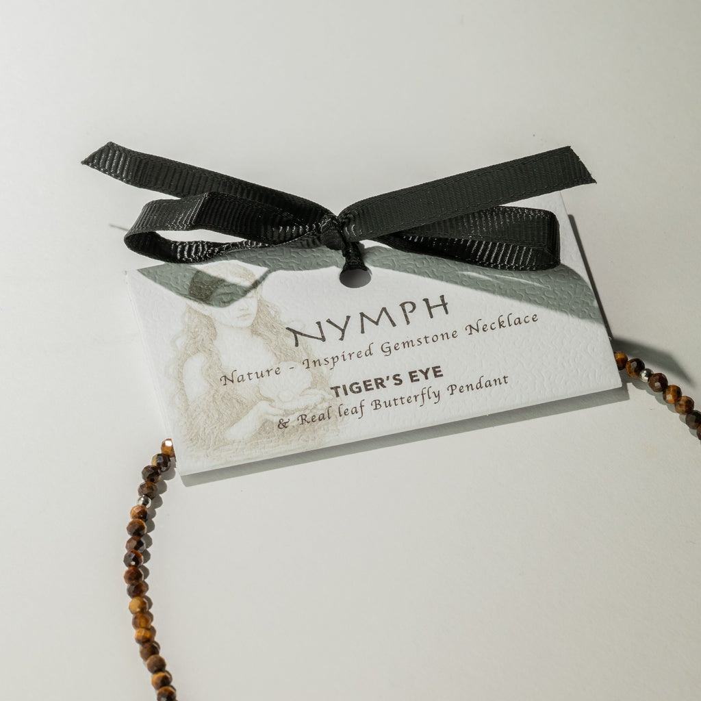 Nymph Tiger's Eye Gemstone Necklace with Real Leaf Butterfly Pendant 🇬🇧