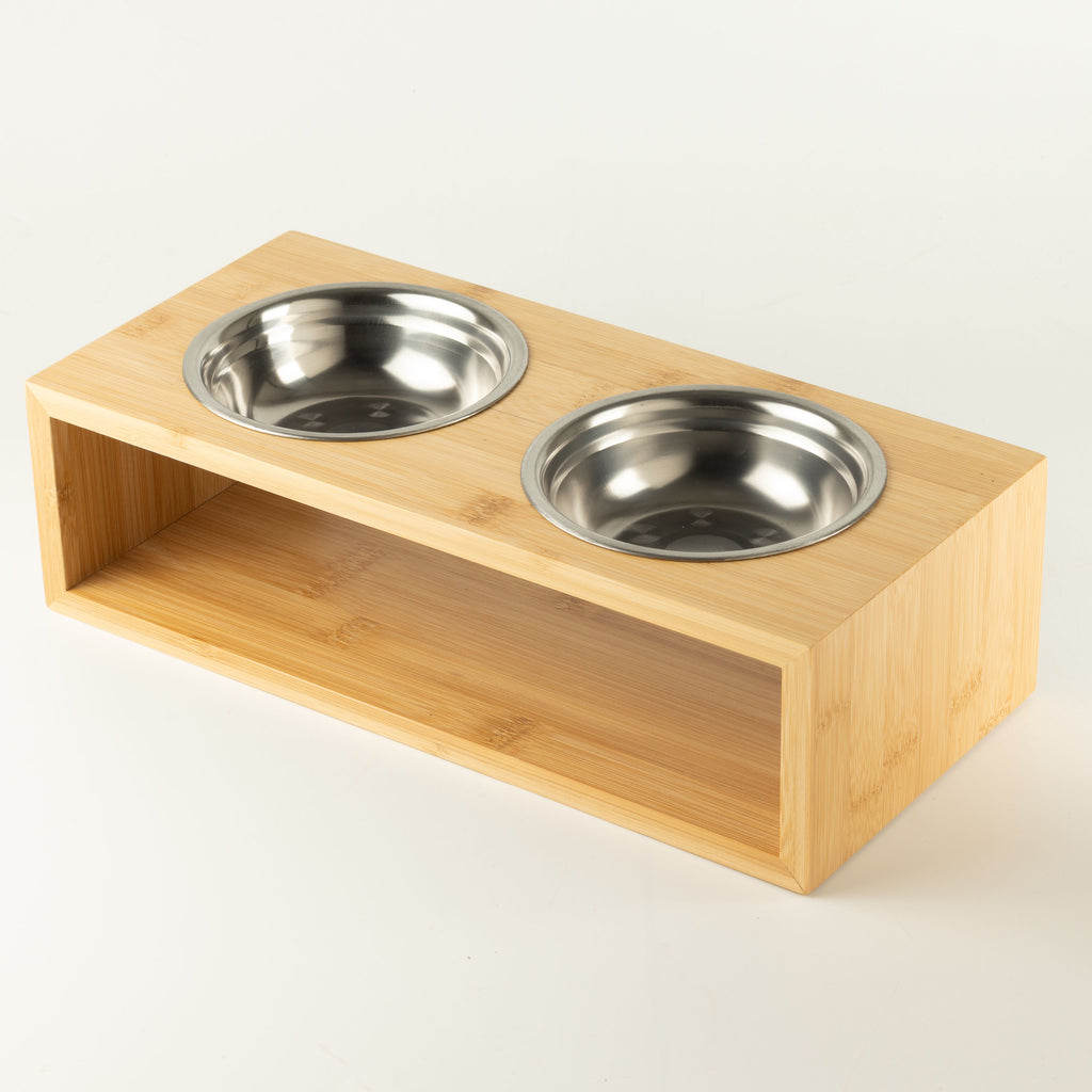PAW Food Bowls - Large Double Stainless Steel (201) in Wooden Stand - 2x13cm 🇬🇧