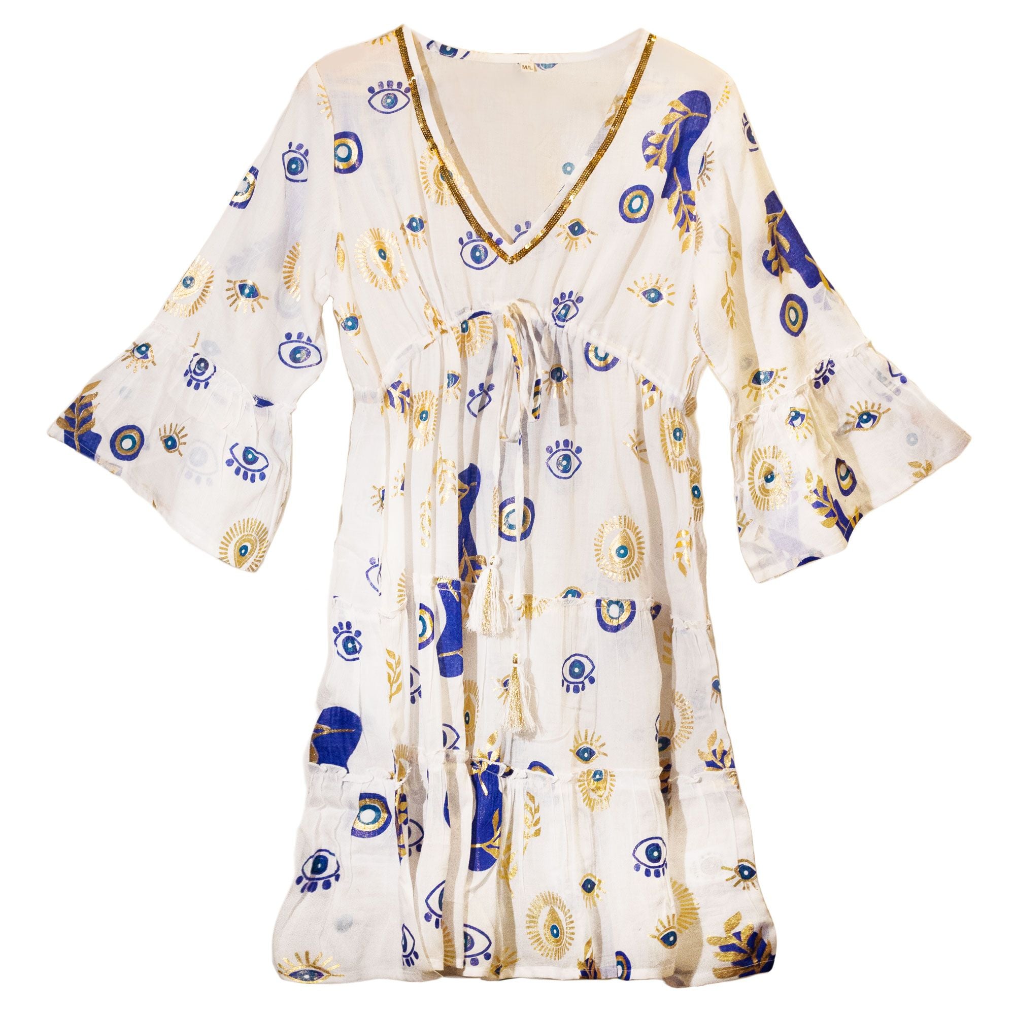 Nomad Sari Evil Eye Dress – White, Blue & Gold – Size M/L 🇬🇧