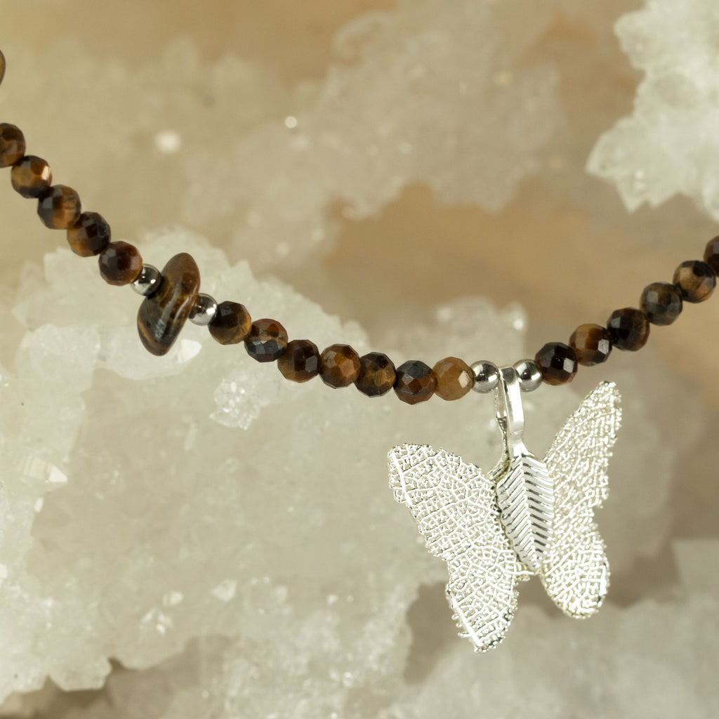 Nymph Tiger's Eye Gemstone Necklace with Real Leaf Butterfly Pendant 🇬🇧