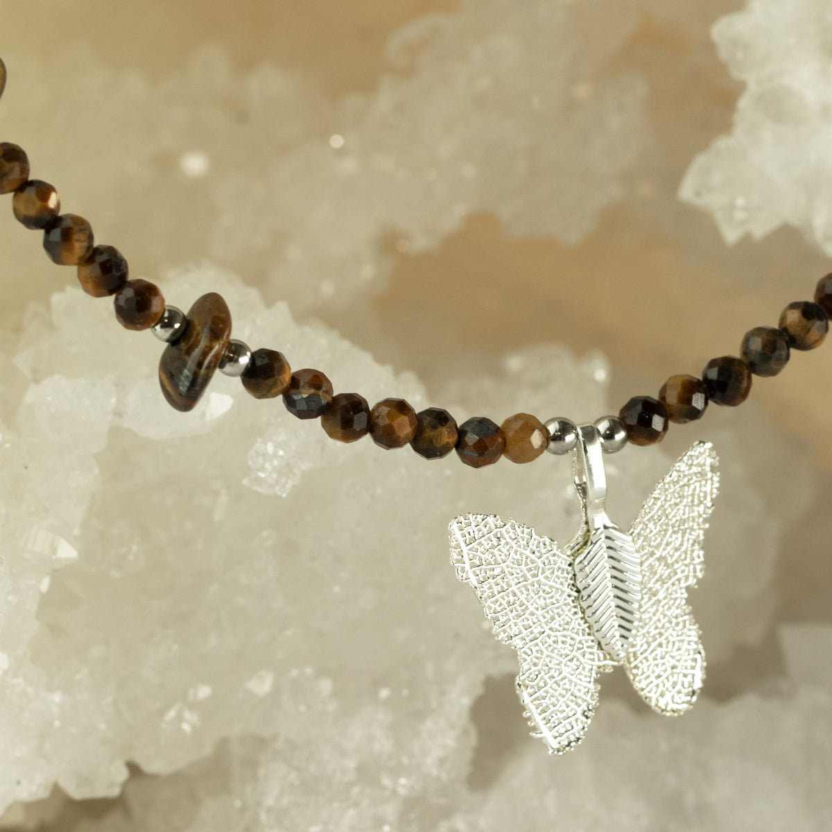 Nymph Tiger's Eye Gemstone Necklace with Real Leaf Butterfly Pendant 🇬🇧