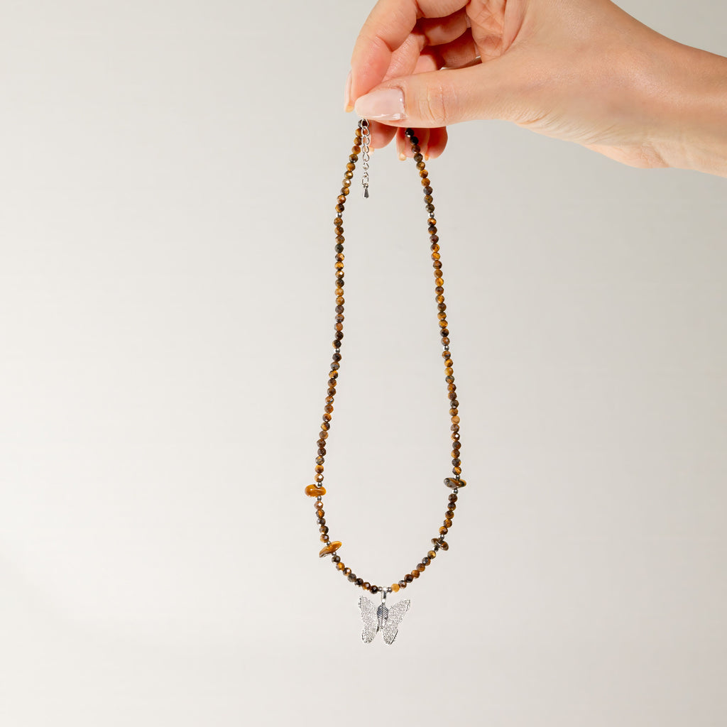 Nymph Tiger's Eye Gemstone Necklace with Real Leaf Butterfly Pendant 🇬🇧