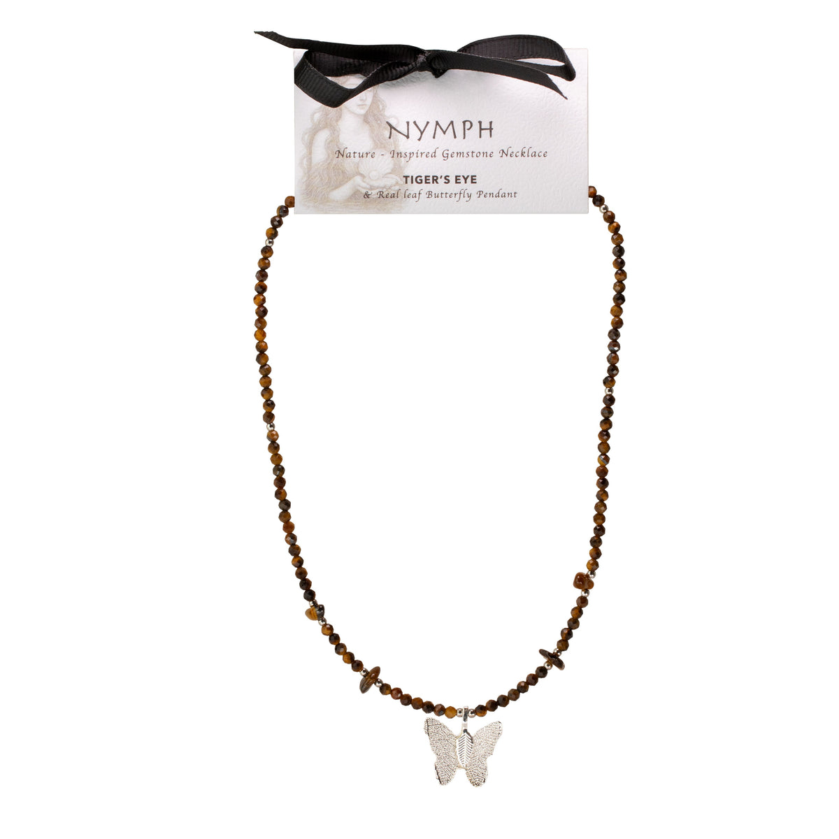Nymph Tiger's Eye Gemstone Necklace with Real Leaf Butterfly Pendant 🇬🇧