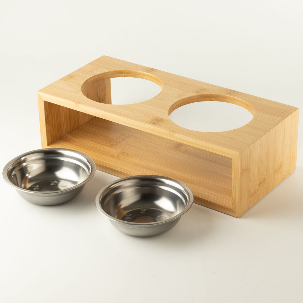 PAW Food Bowls - Large Double Stainless Steel (201) in Wooden Stand - 2x13cm 🇬🇧