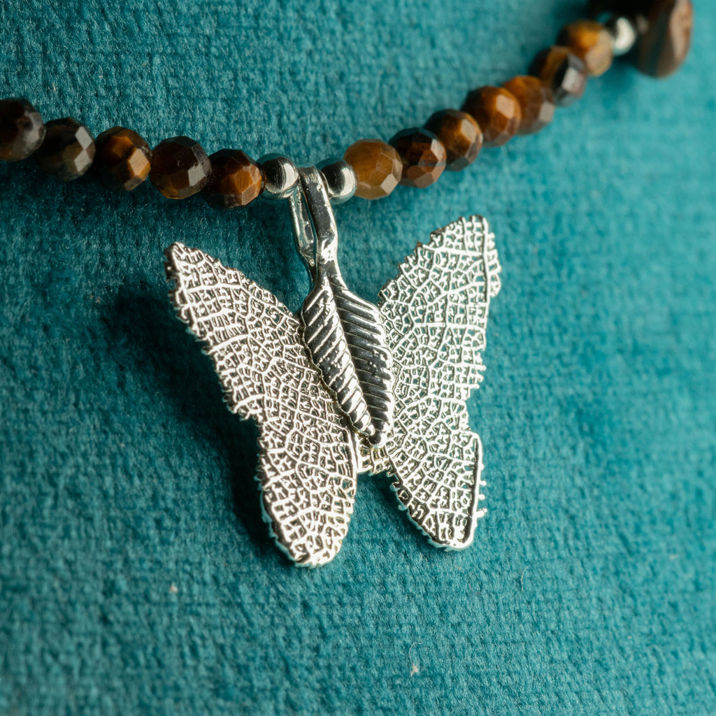 Nymph Tiger's Eye Gemstone Necklace with Real Leaf Butterfly Pendant 🇬🇧