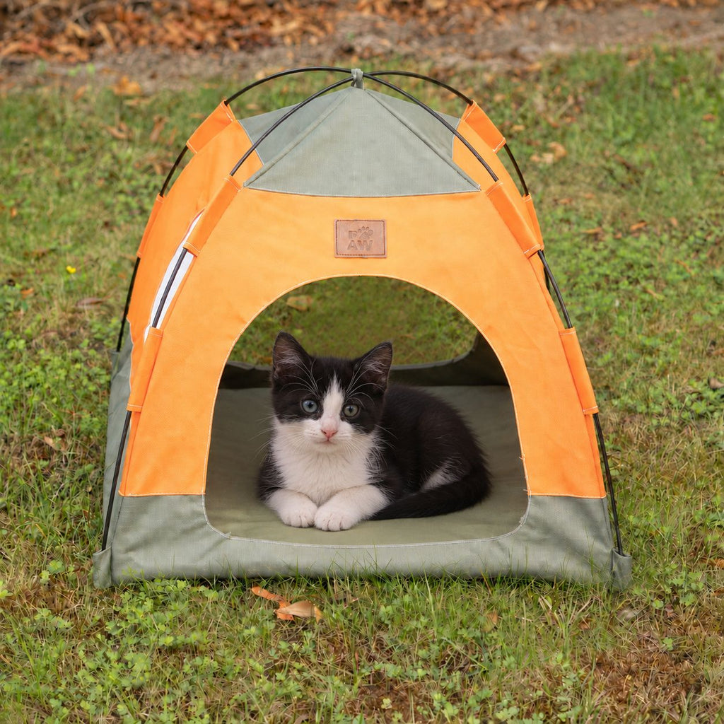 PAW Bed – Green & Orange Tent – 48 × 48 × 40cm 🇬🇧