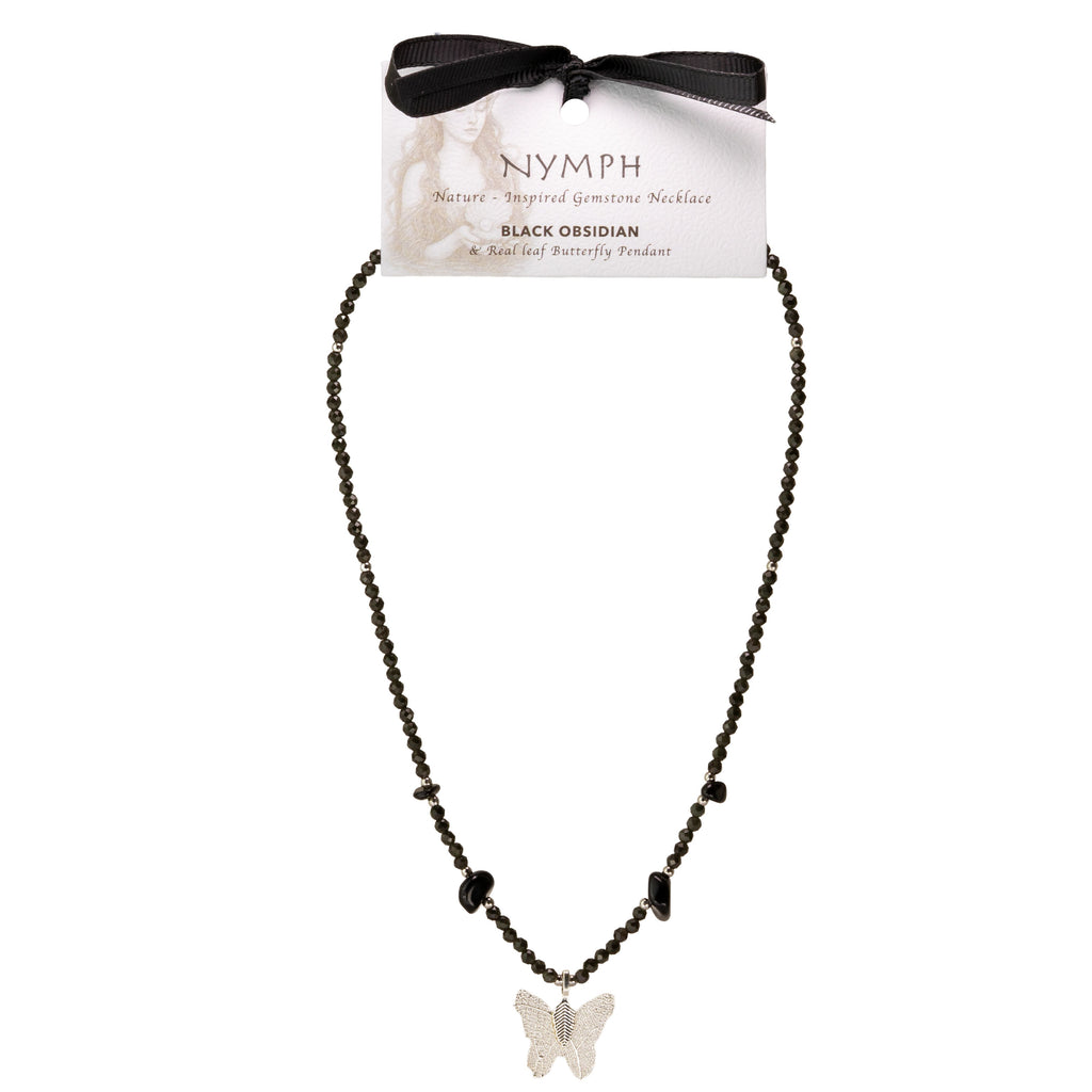 Nymph Black Obsidian Gemstone Necklace with Real Leaf Butterfly Pendant 🇬🇧