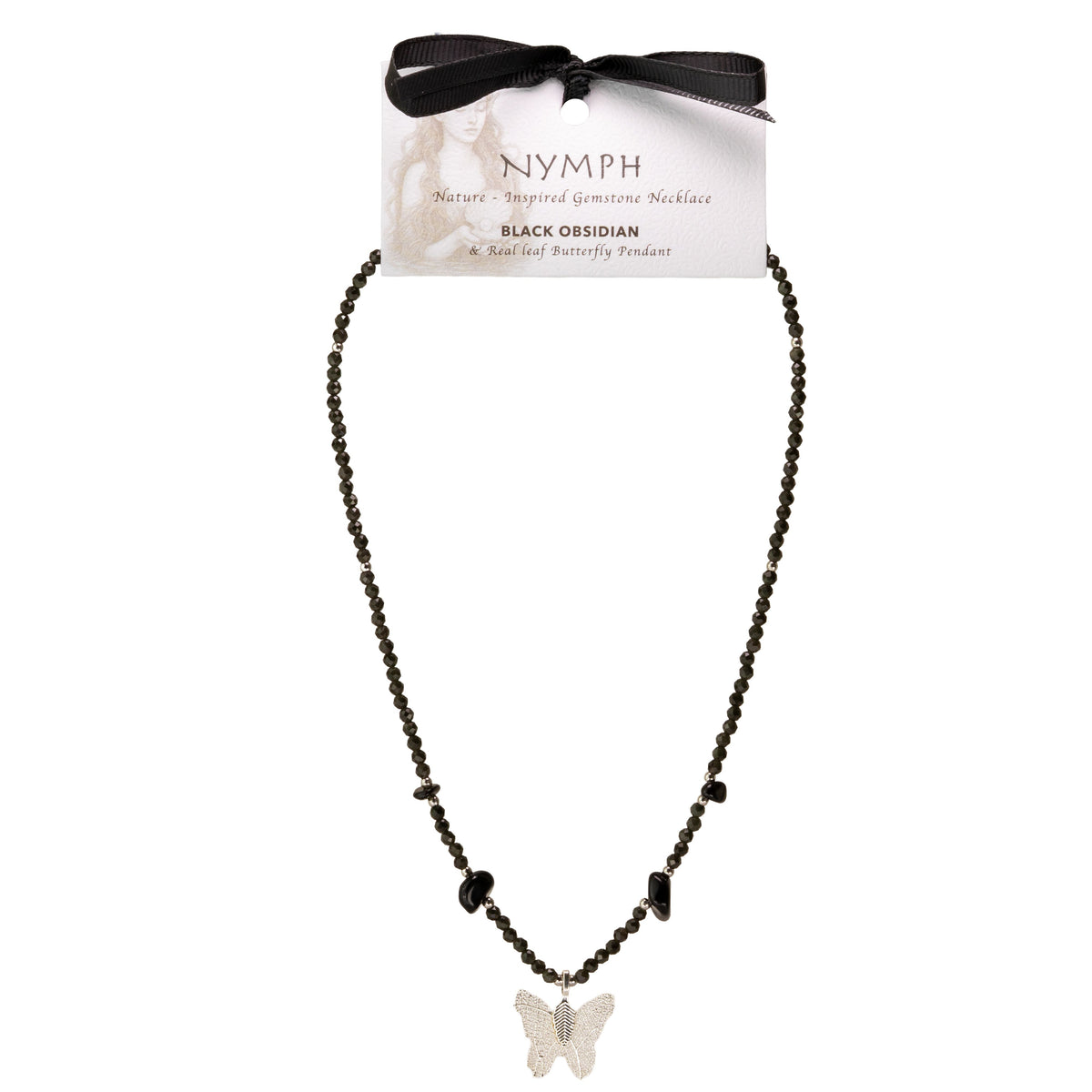 Nymph Black Obsidian Gemstone Necklace with Real Leaf Butterfly Pendant 🇬🇧