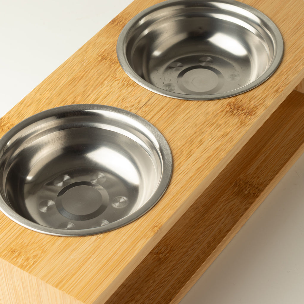 PAW Food Bowls - Large Double Stainless Steel (201) in Wooden Stand - 2x13cm 🇬🇧
