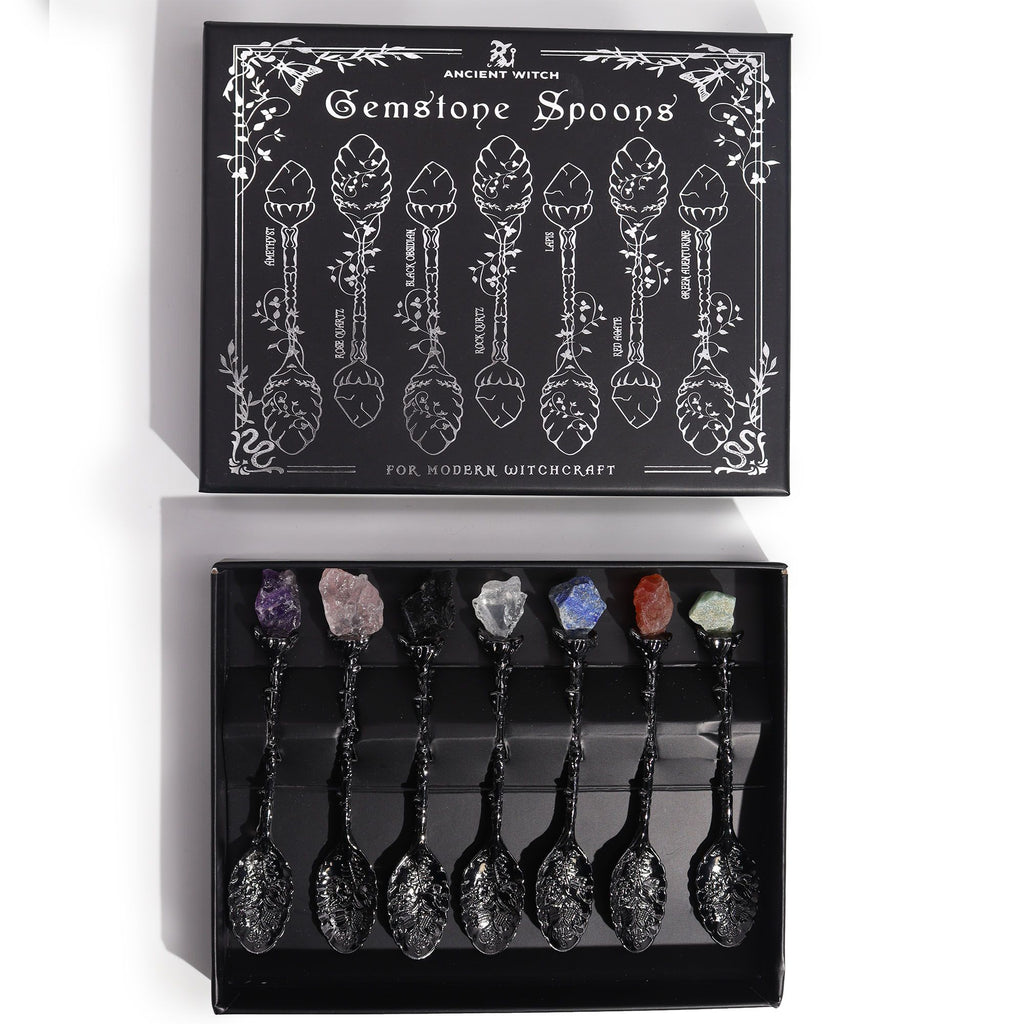 Set of 7 Dark Silver Gemstone Crystal Witch Spoons 🇬🇧