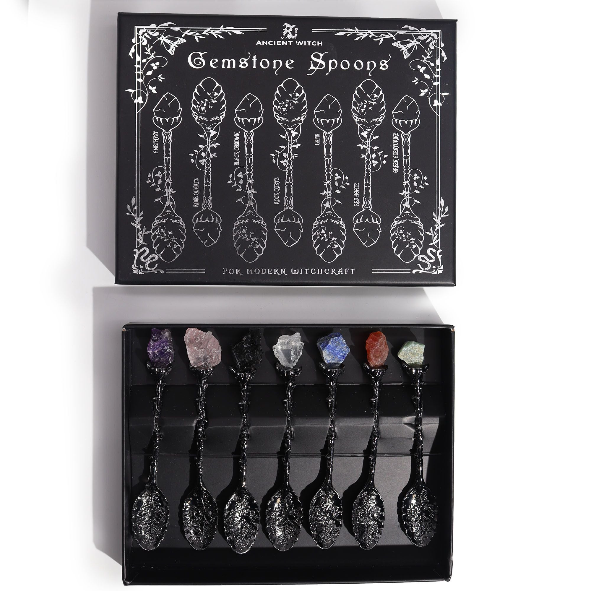 Set of 7 Dark Silver Gemstone Crystal Witch Spoons 🇬🇧