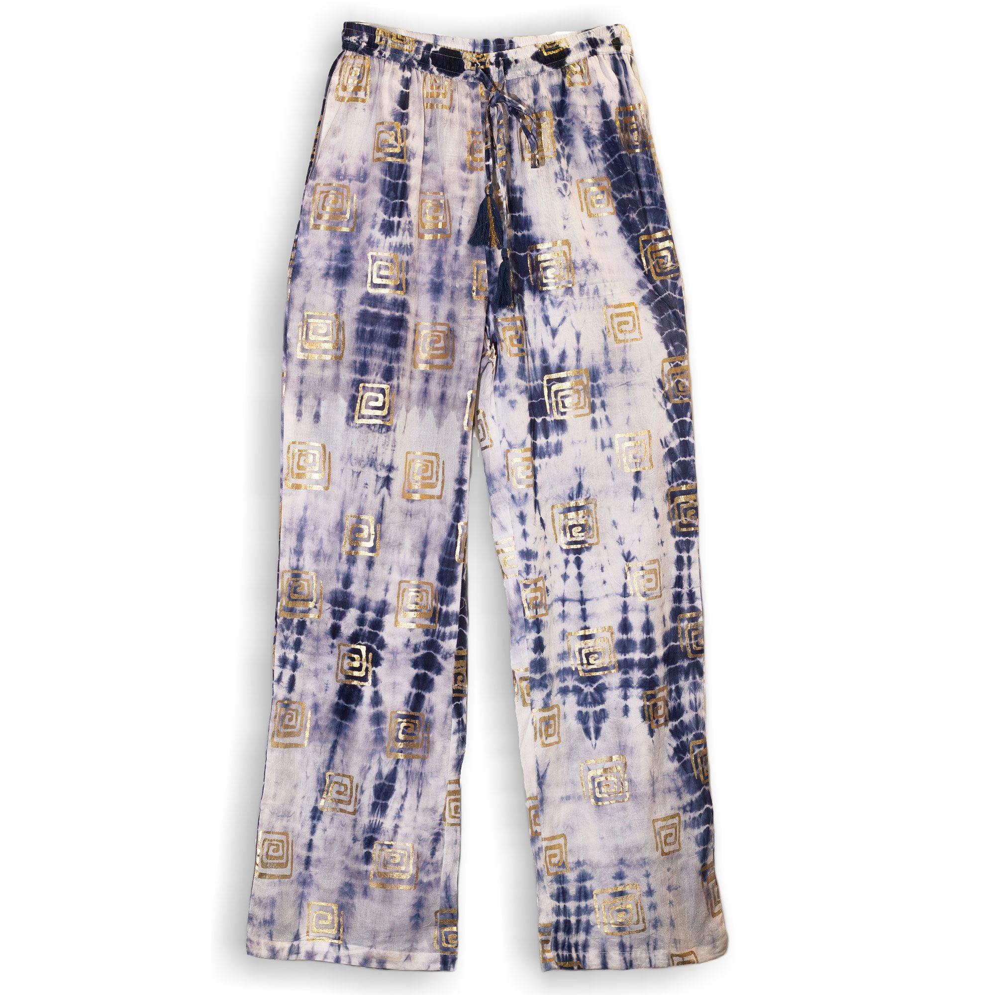 Nomad Sari Lounge Pants (L/XL) – Blue Tie-Dye with Gold Greek Motif 🇬🇧