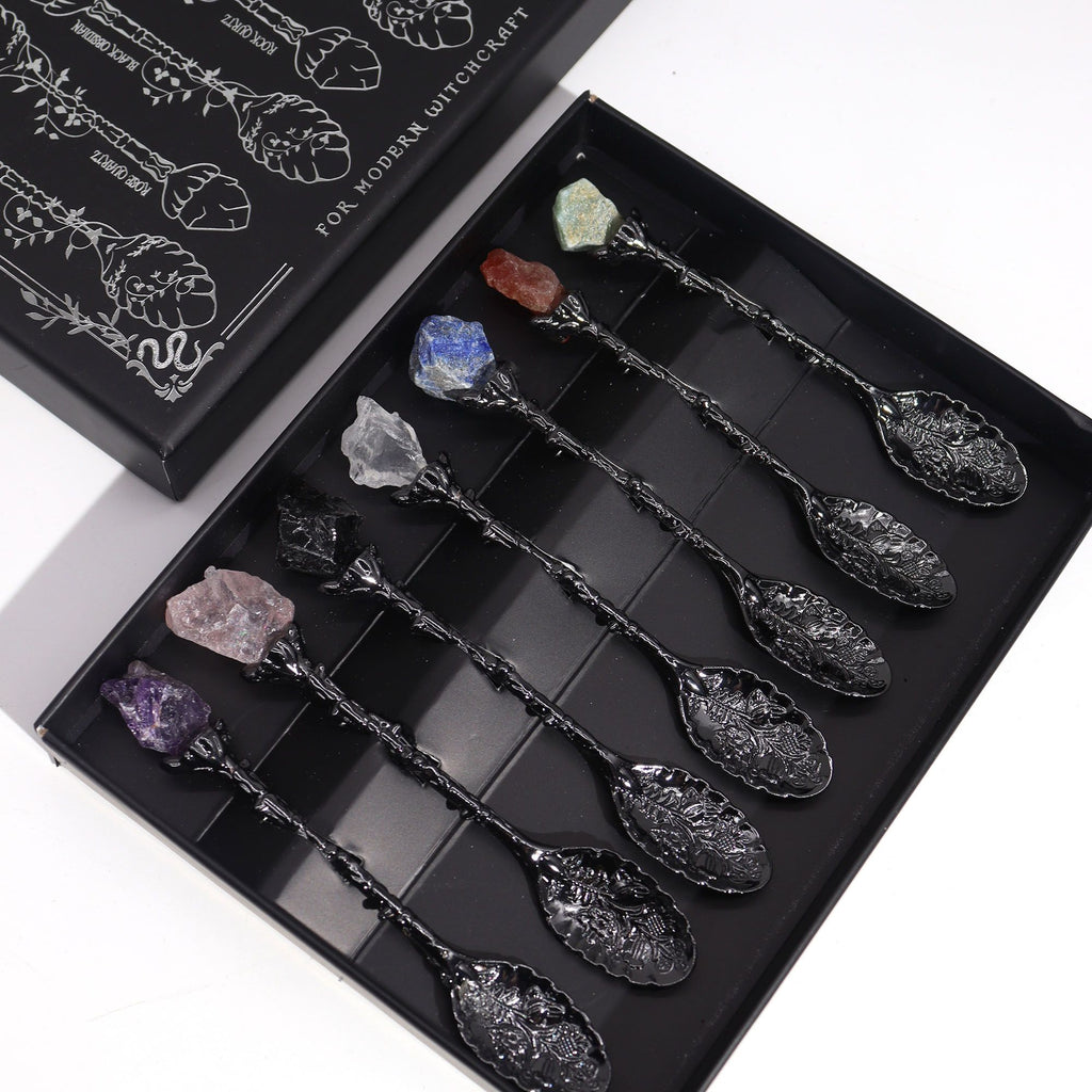Set of 7 Dark Silver Gemstone Crystal Witch Spoons 🇬🇧