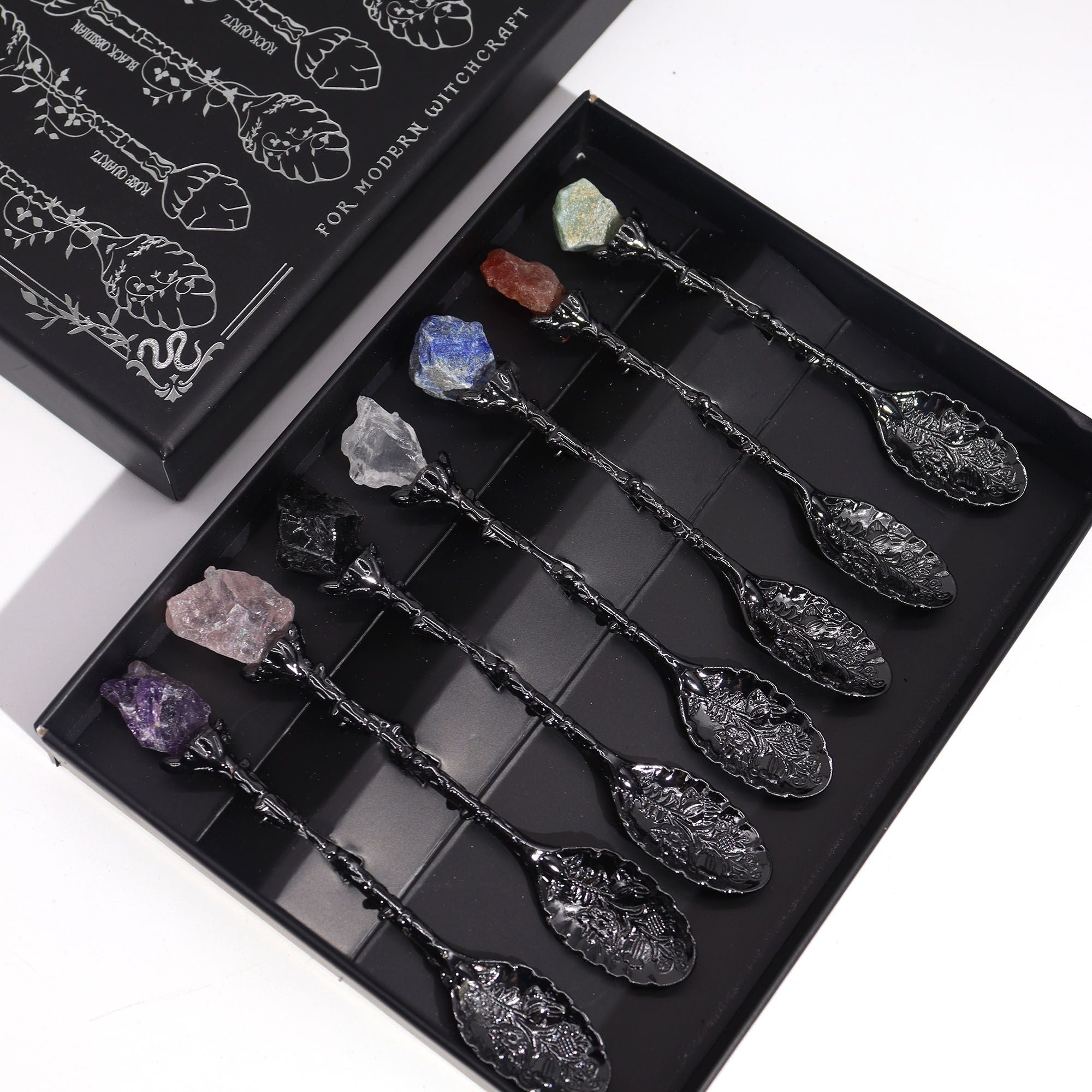 Set of 7 Dark Silver Gemstone Crystal Witch Spoons 🇬🇧