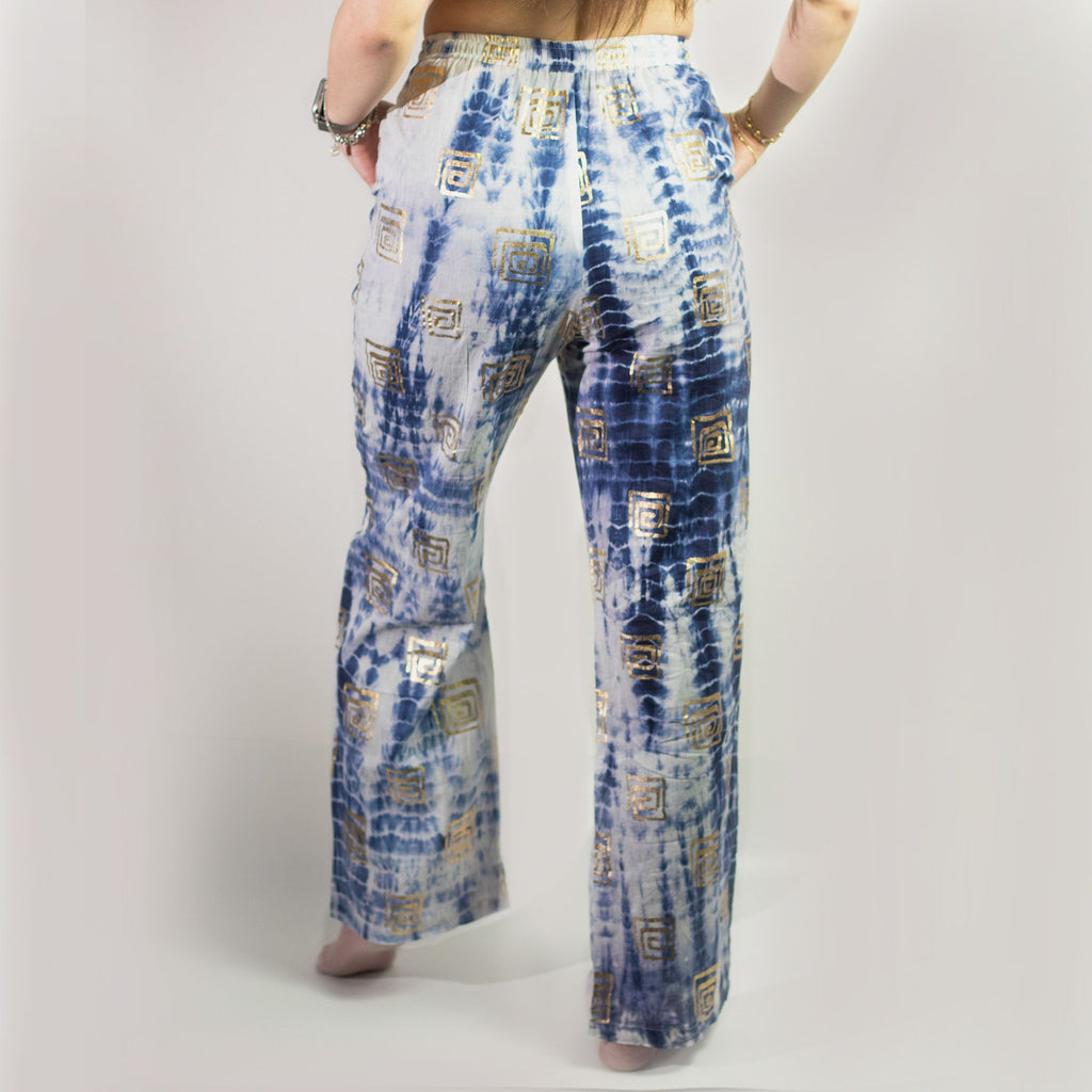 Nomad Sari Lounge Pants (L/XL) – Blue Tie-Dye with Gold Greek Motif 🇬🇧