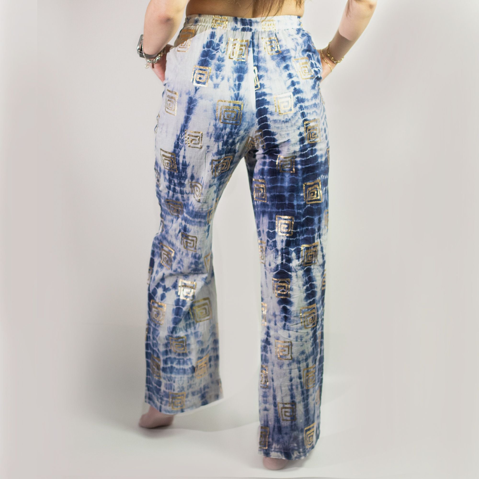 Nomad Sari Lounge Pants (L/XL) – Blue Tie-Dye with Gold Greek Motif 🇬🇧