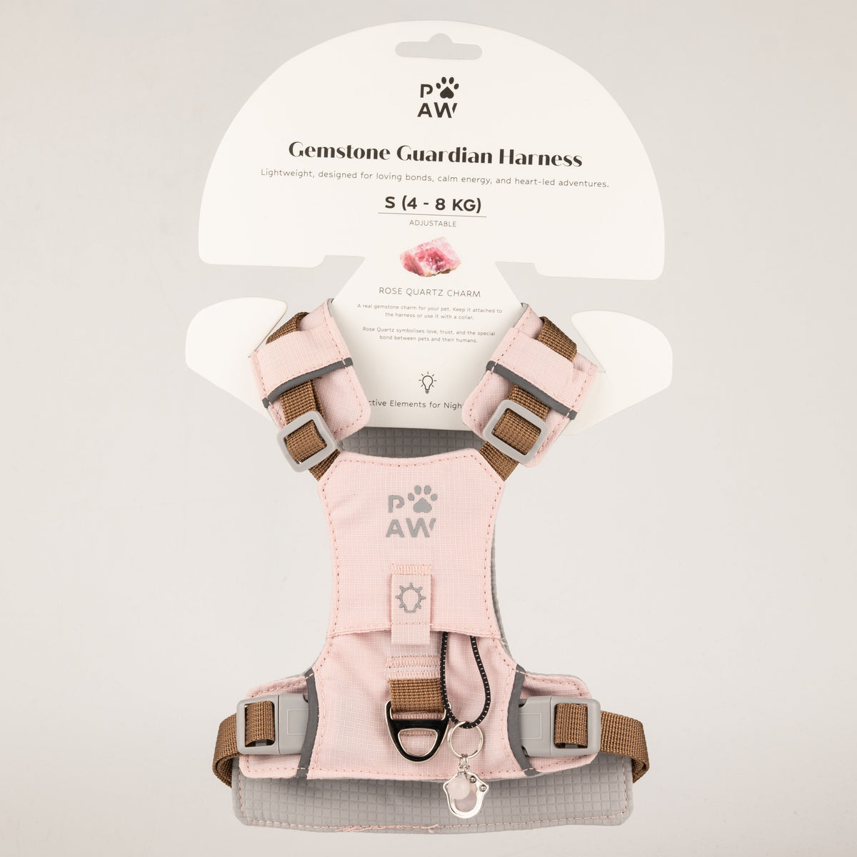PAW - S (4-8Kg) Dog Step-in Guardian Harness with Reflective Mesh - Soft Pink - Rose Quartz Charm 🇬🇧